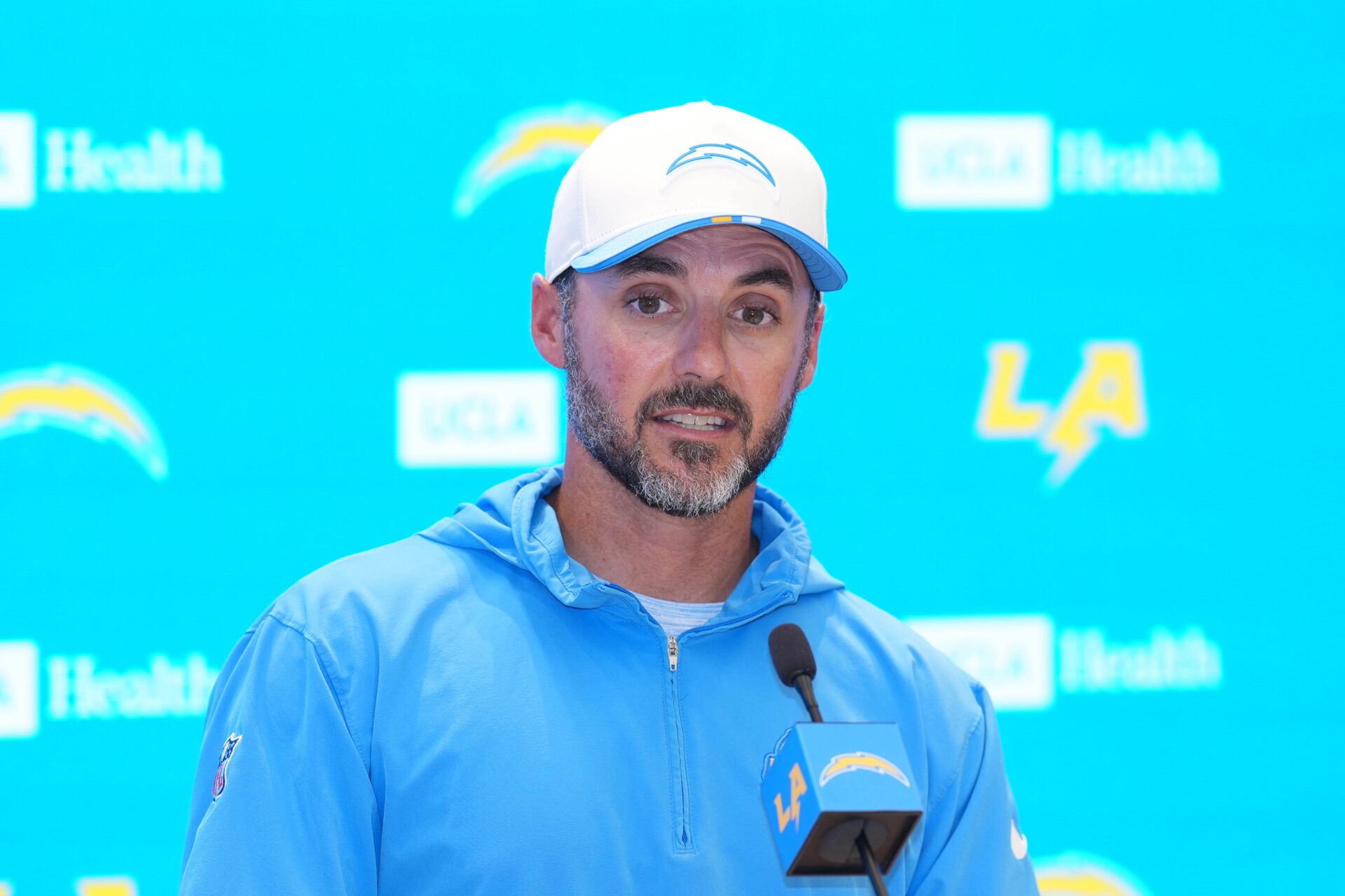 Los Angeles Chargers defensive coordinator Jesse Minter at press conference during training camp at The Bolt.