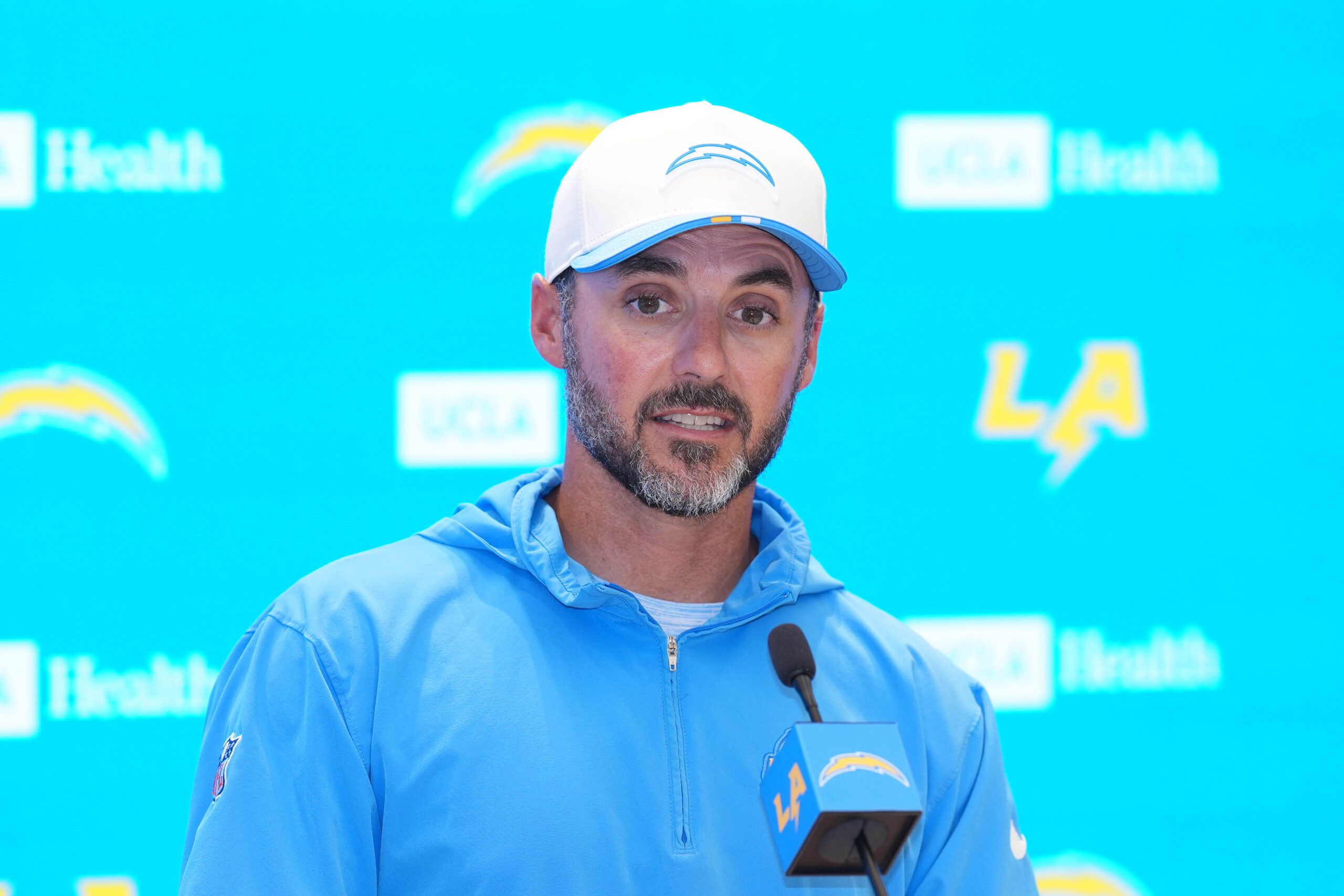 Los Angeles Chargers defensive coordinator Jesse Minter at press conference during training camp at The Bolt.
