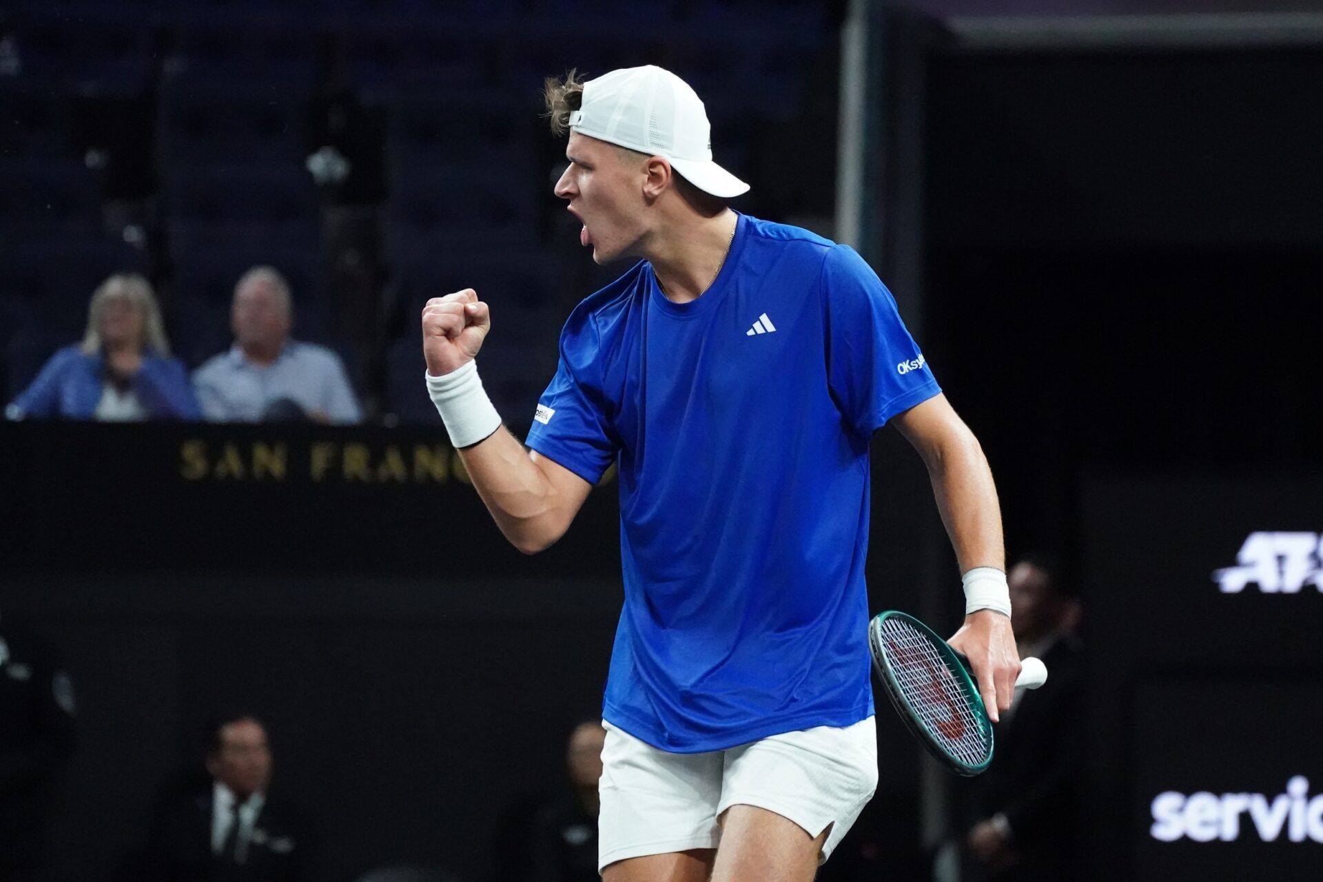 Team Europe player Jakub Mensik celebrates against Team World player Alex Michelsen during the Laver Cup  at Chase Center.
