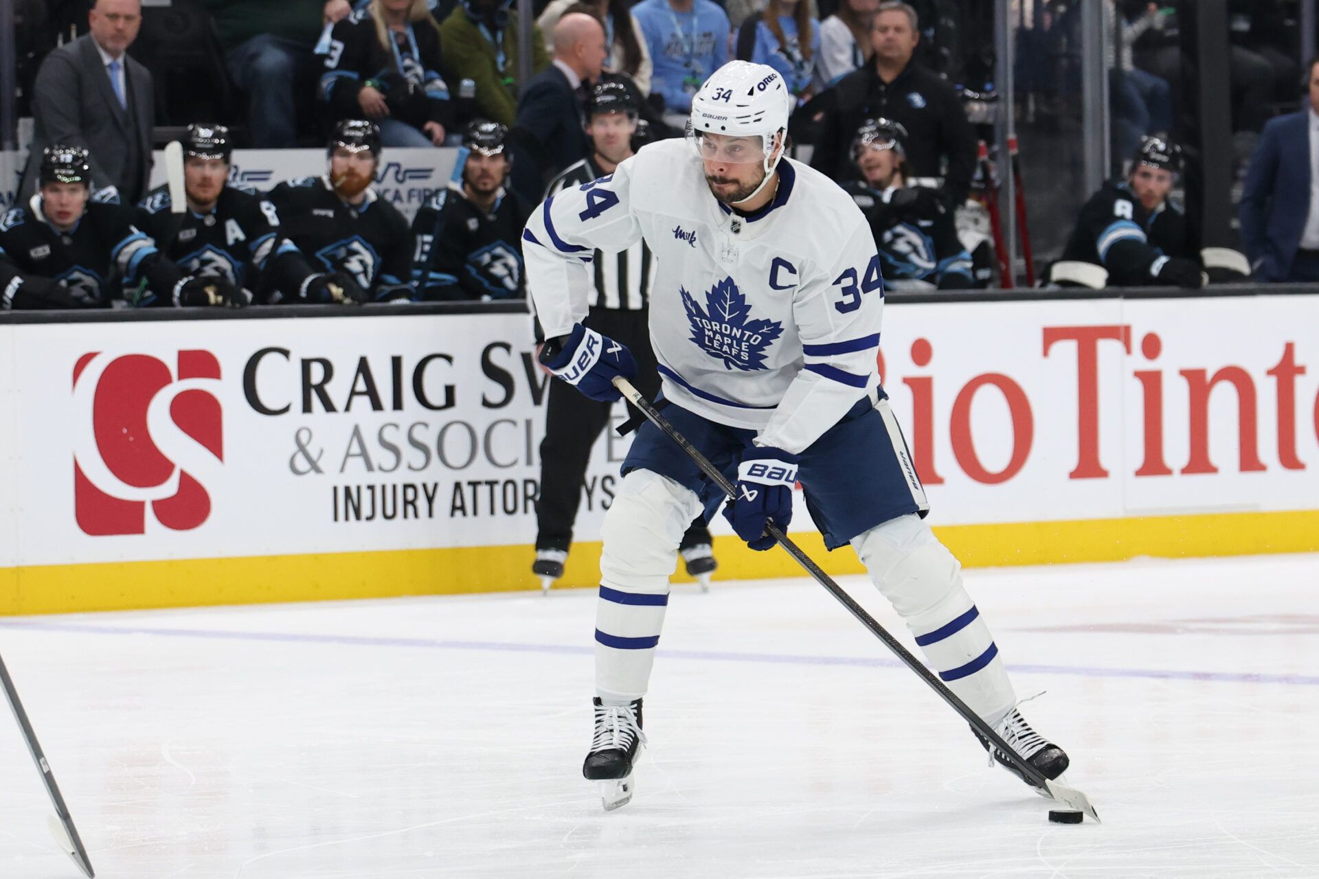 Toronto Maple Leafs center Auston Matthews (34) looks for a shot against the Utah Mammoth during the first period at Delta Center.