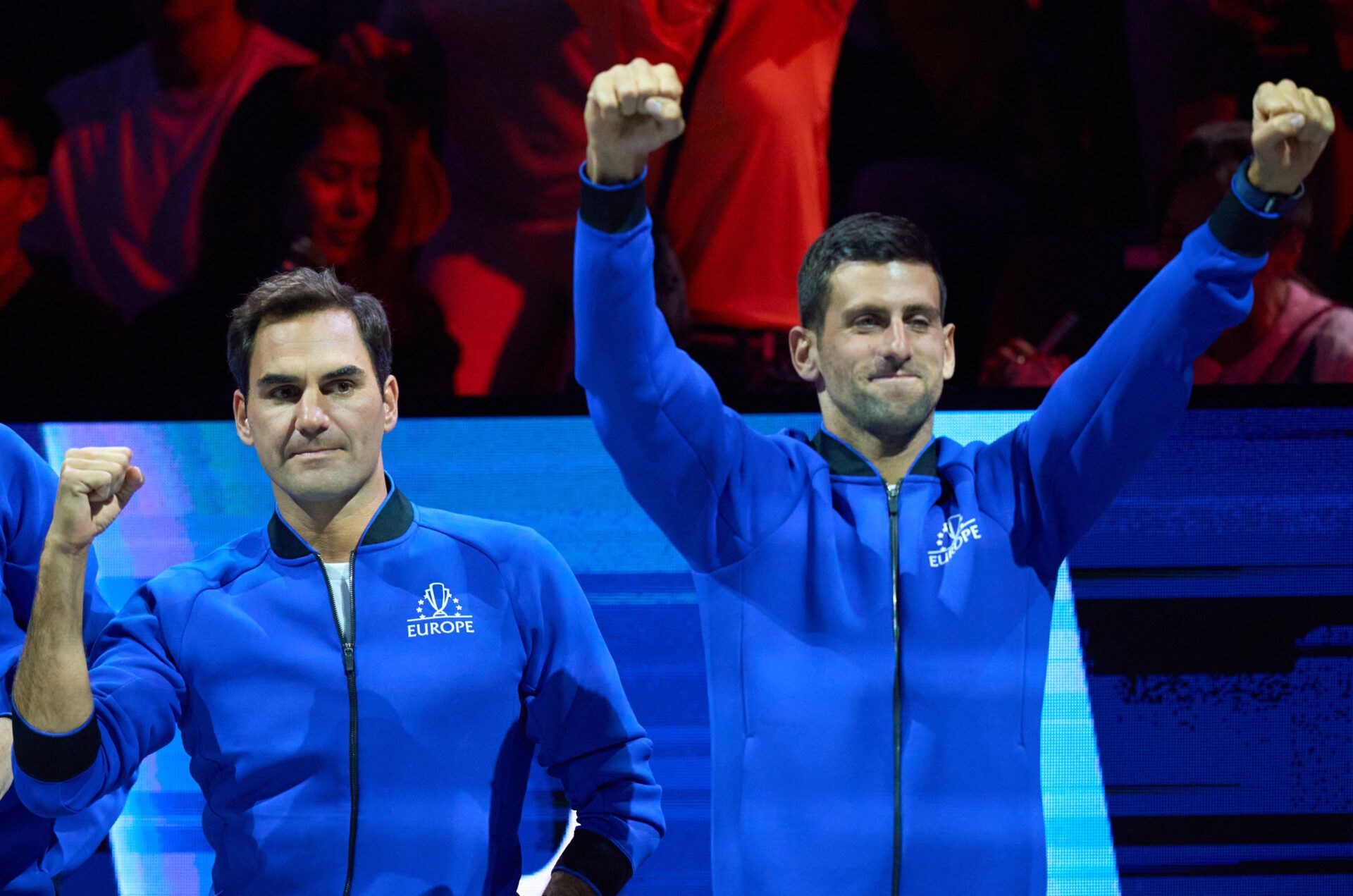 Roger Federer (SUI) and Novak Djokovic (SRB) support Team Europe in the first Laver Cup tennis match between Casper Ruud (NOR) and Jack Sock (USA)
