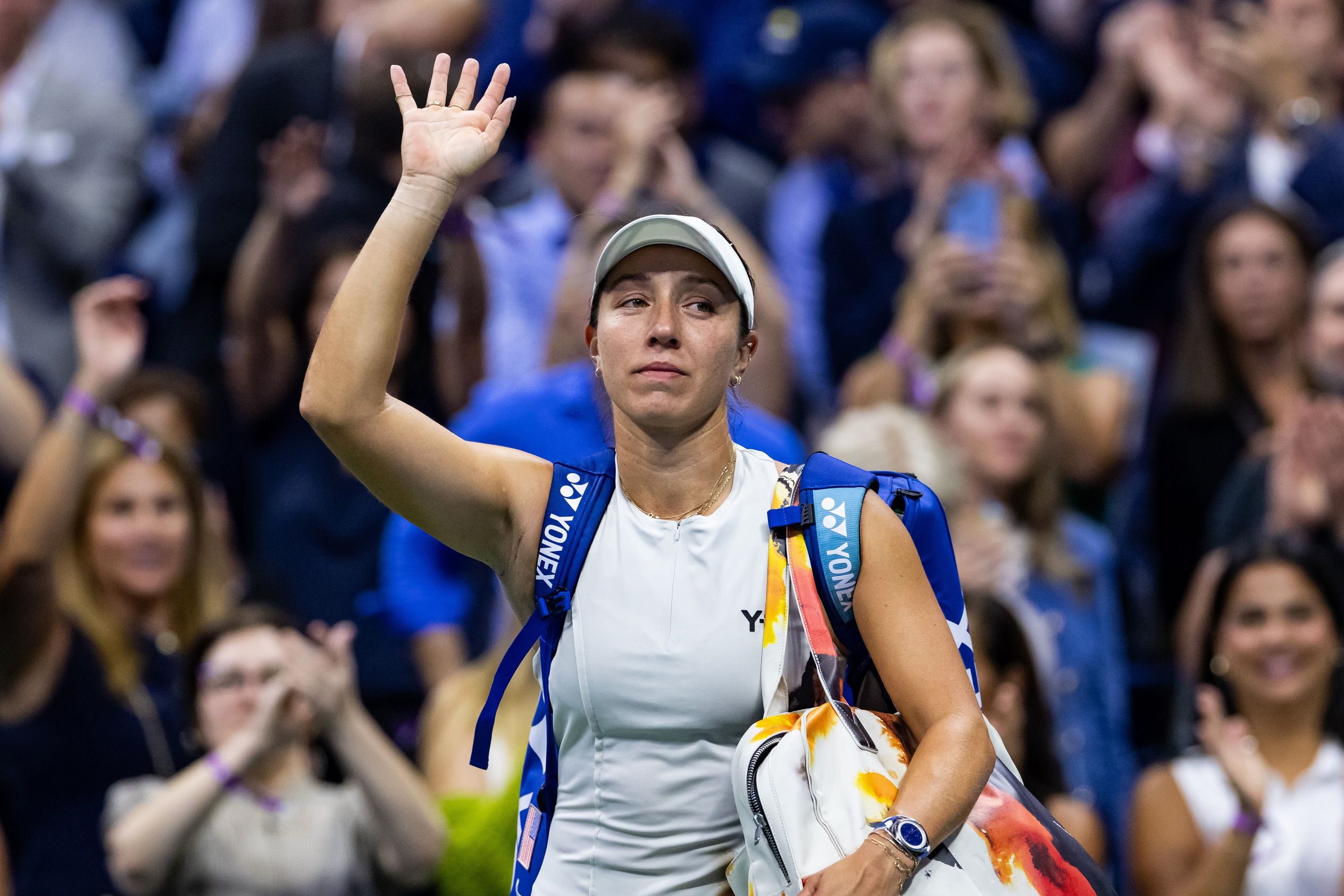 Jessica Pegula of the United States acknowledges the audience after her match against Aryna Sabalenka of Belarus in the semifinal of the women’s singles at the US Open at Arthur Ashe Stadium in Billie Jean King National Tennis Center.