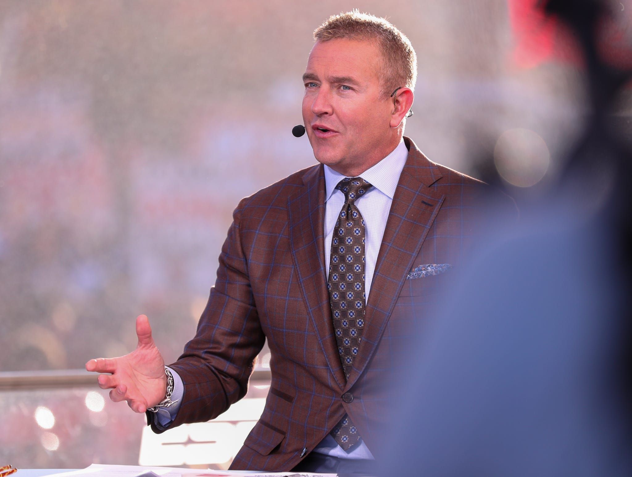 ESPN personality Kirk Herbstreit speaks during College GameDay before a Big 12 Conference football game, Saturday, Nov. 8, 2025, at Jones AT&T Stadium.