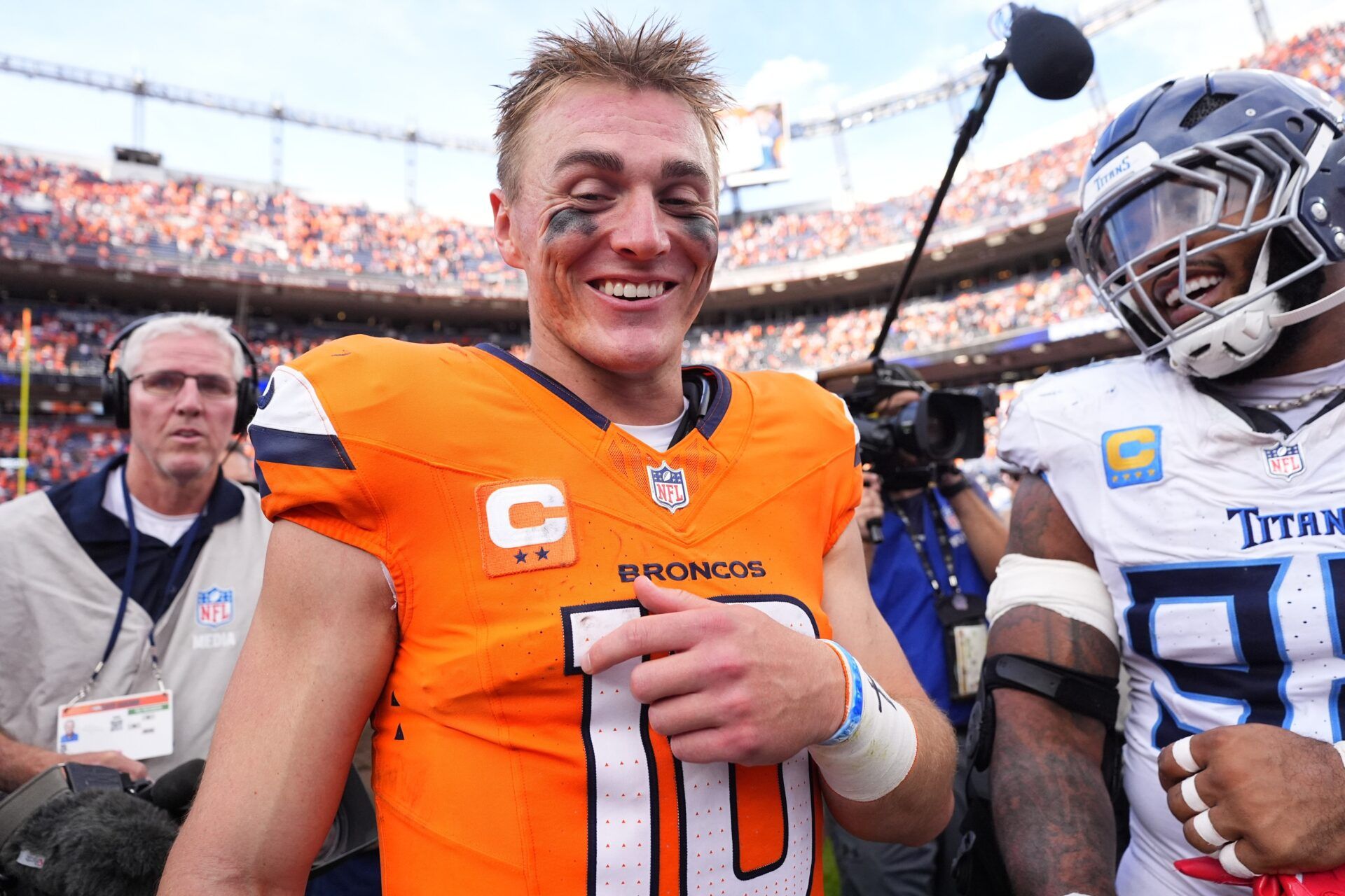 Denver Broncos quarterback Bo Nix (10) reacts after the game at Empower Field at Mile High.