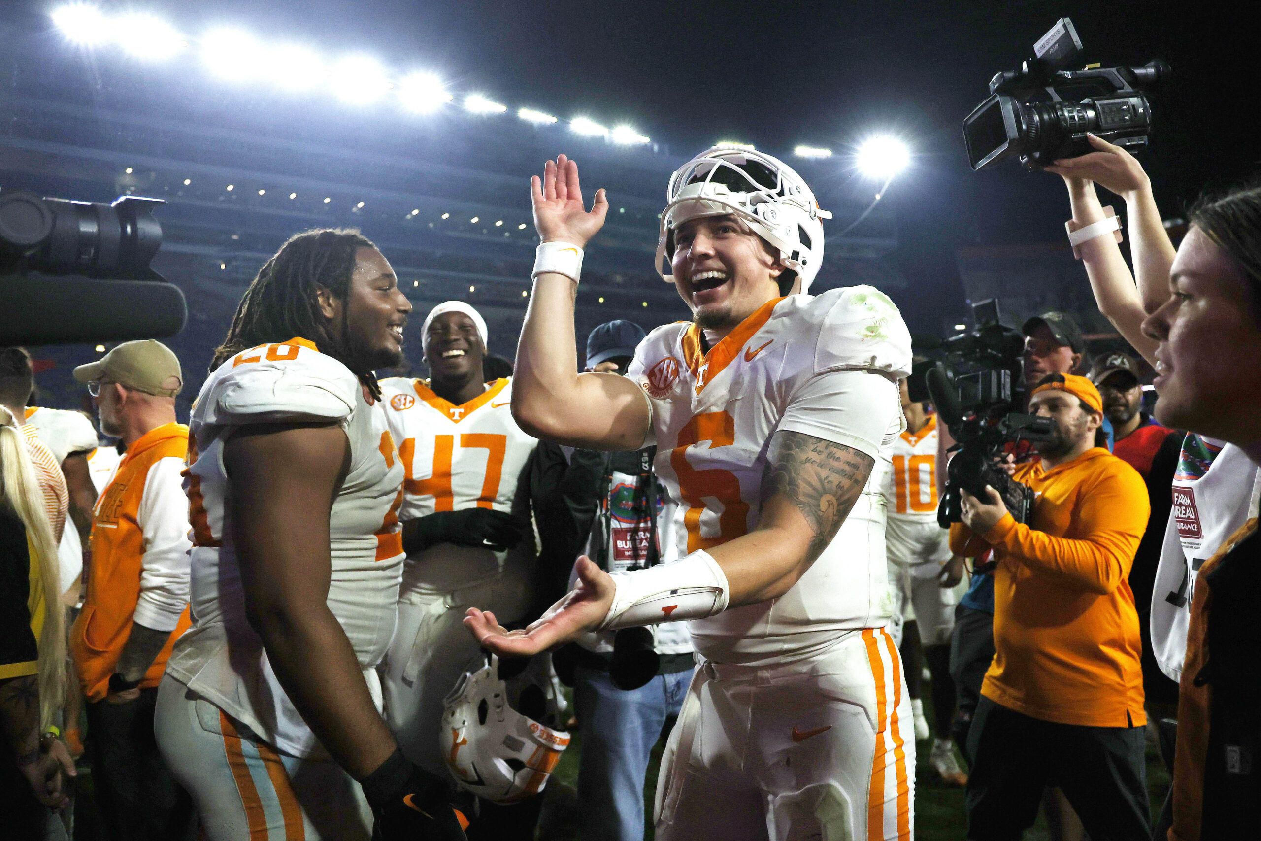 Tennessee Volunteers quarterback Joey Aguilar (6) celebrates after they beat the Florida Gators at Ben Hill Griffin Stadium.