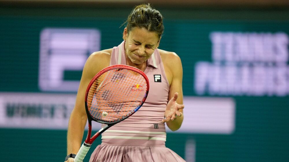 Emma Navarro reacts during her third-round match against Donna Vekic on Stadium 2 at the BNP Paribas Open in Indian Wells, Calif., on Monday, March 10, 2025.