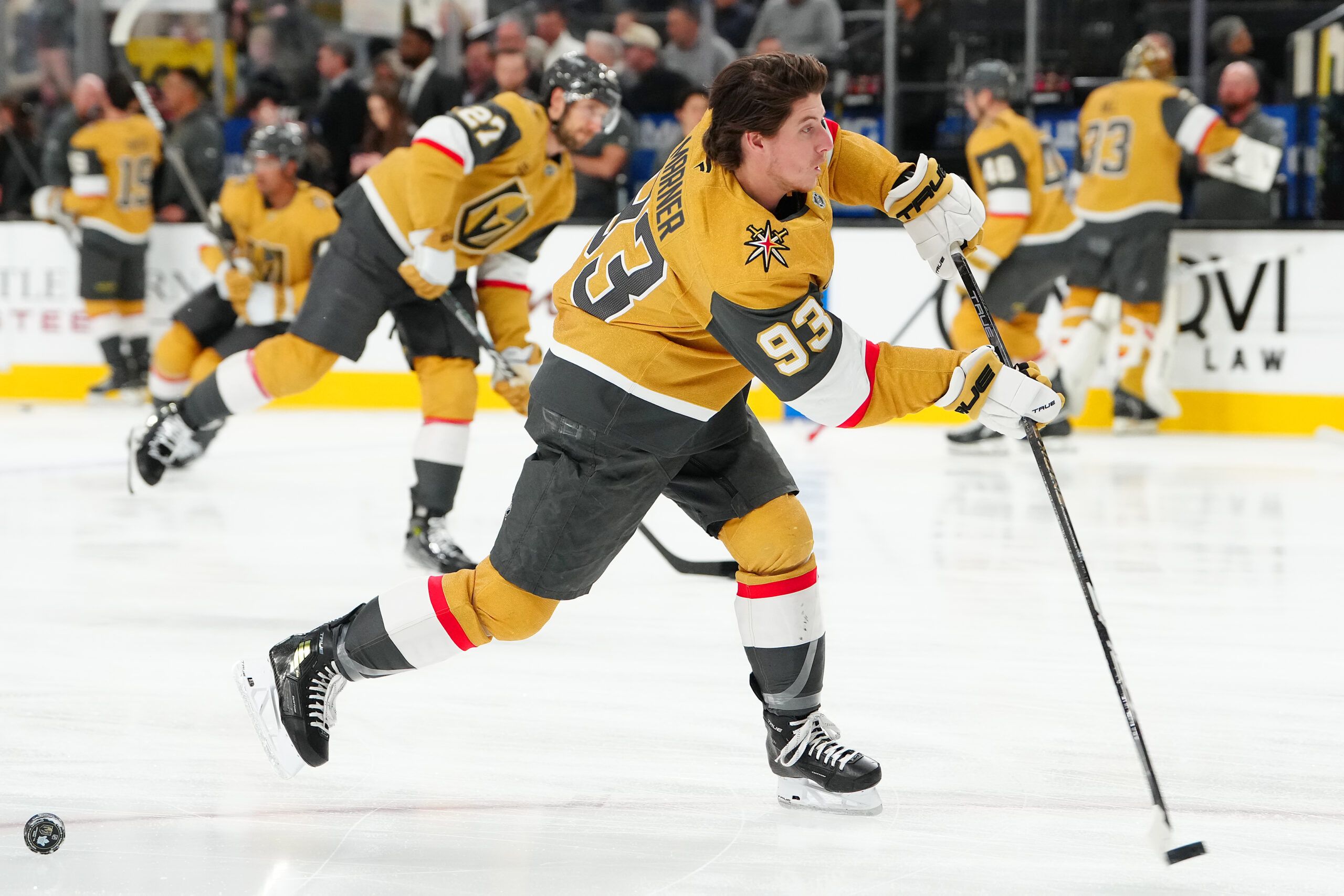 Vegas Golden Knights right wing Mitch Marner (93) warms up before a game against the Toronto Maple Leafs at T-Mobile Arena.