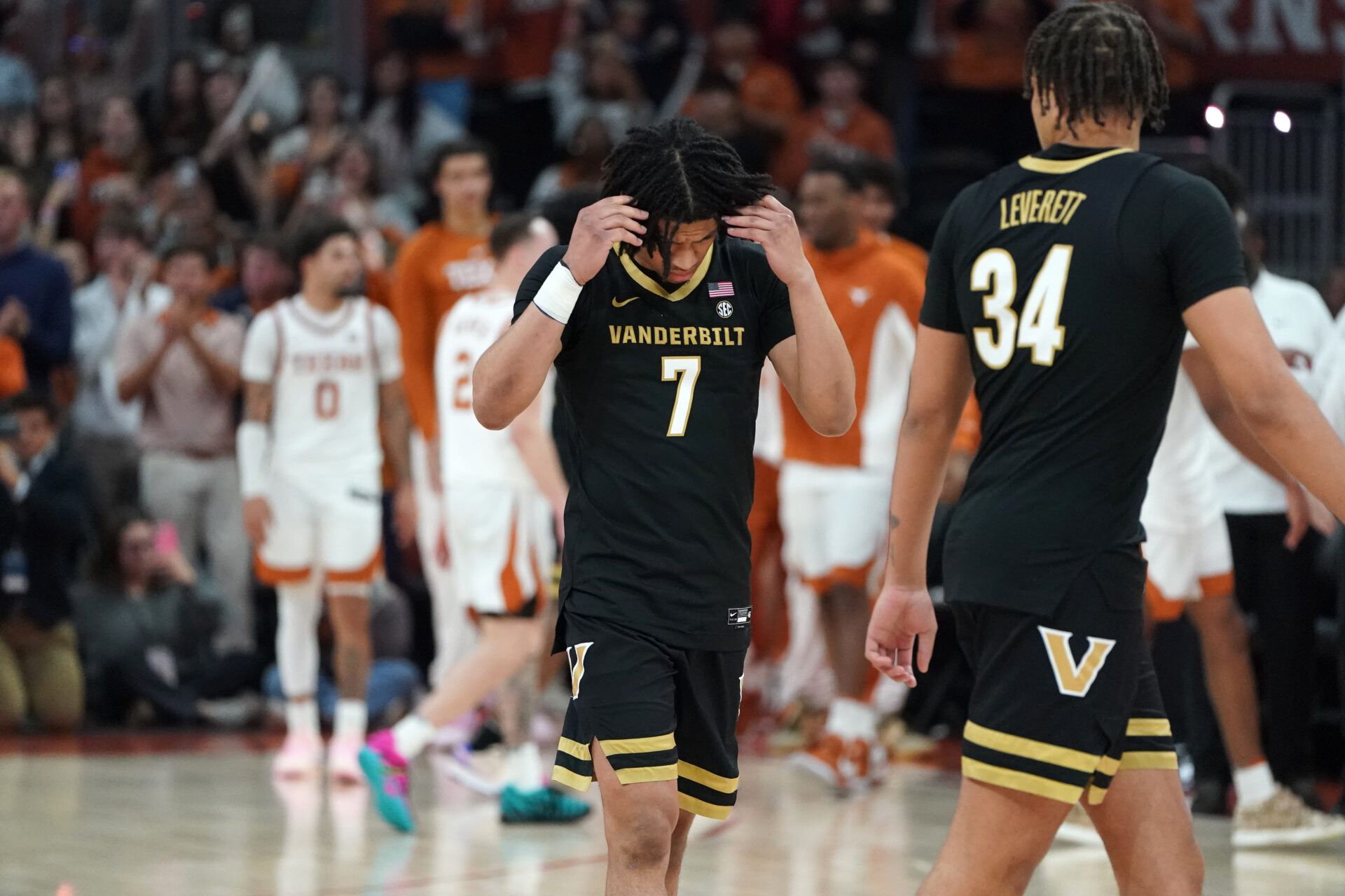 Vanderbilt Commodores guard Chandler Bing (7) reacts to a loss against the Texas Longhorns after the game at Moody Center.