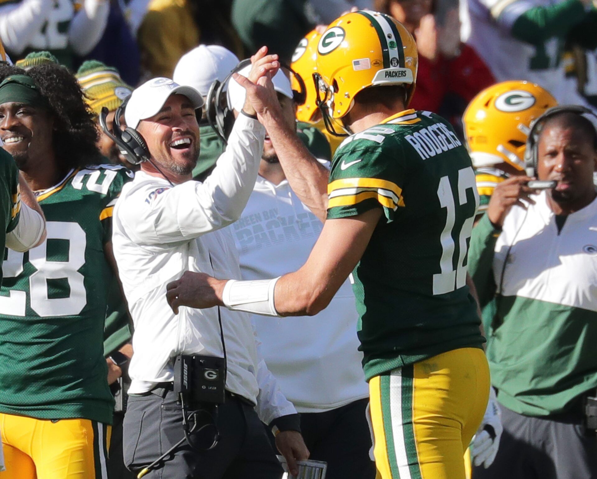 Green Bay Packers quarterback Aaron Rodgers (12) celebrates his 74 yard touchdown pass to Marquez Valdes-Scantling with Green Bay Packers head coach Matt LaFleur during the 4th quarter of the Green Bay Packers 42-24 win over the Oakland Raiders at Lambeau Field in Green Bay on Sunday, Oct. 20, 2019. Photo by Mike De Sisti/Milwaukee Journal Sentinel ORG XMIT: DBY1