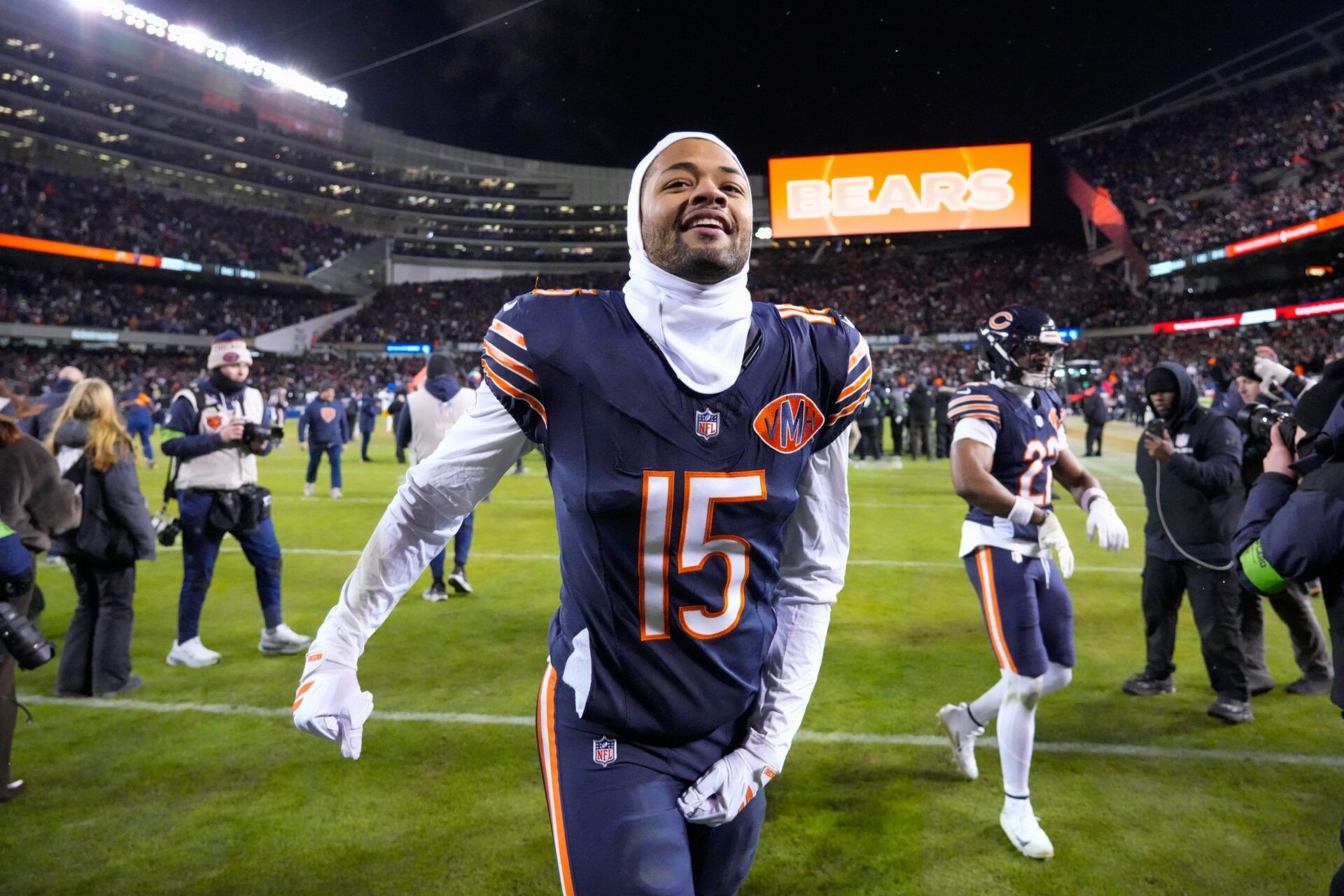 Chicago Bears wide receiver Rome Odunze (15) leaves the field following a game against the Green Bay Packers in an NFC Wild Card Round game at Soldier Field.