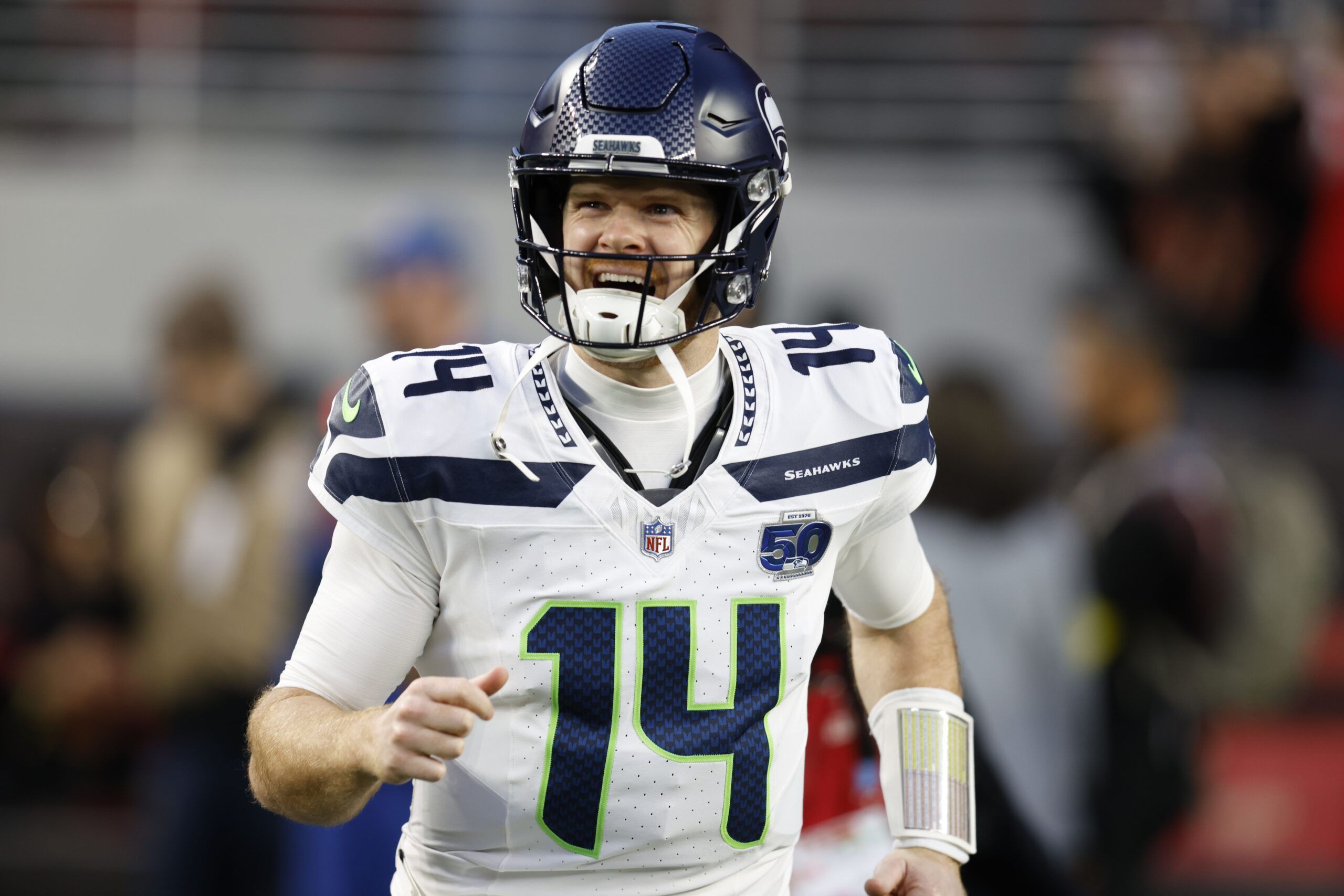 Seattle Seahawks quarterback Sam Darnold (14) reacts during the first half at Levi's Stadium.