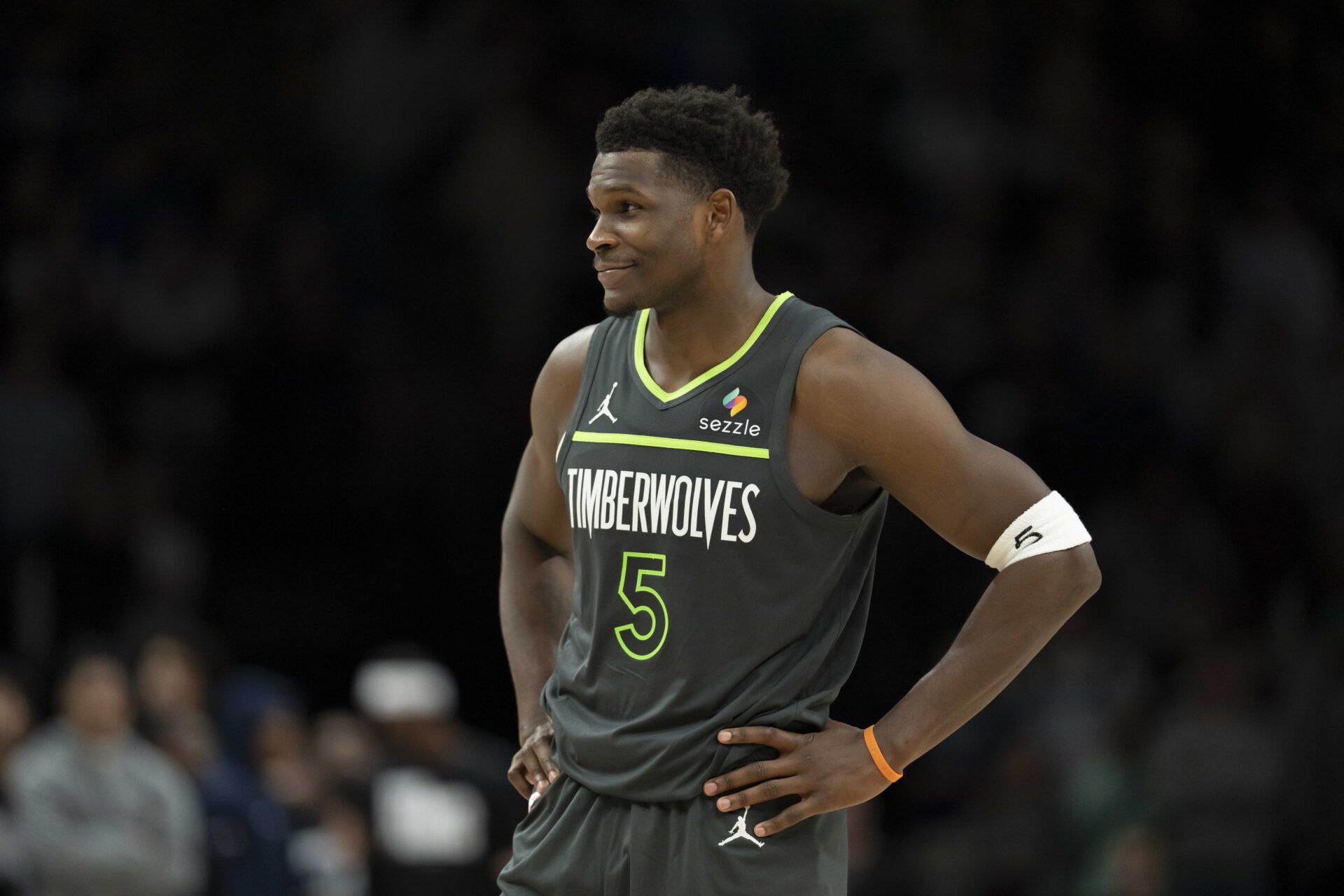 Minnesota Timberwolves guard Anthony Edwards (5) looks on against the San Antonio Spurs in the second half at Target Center.
