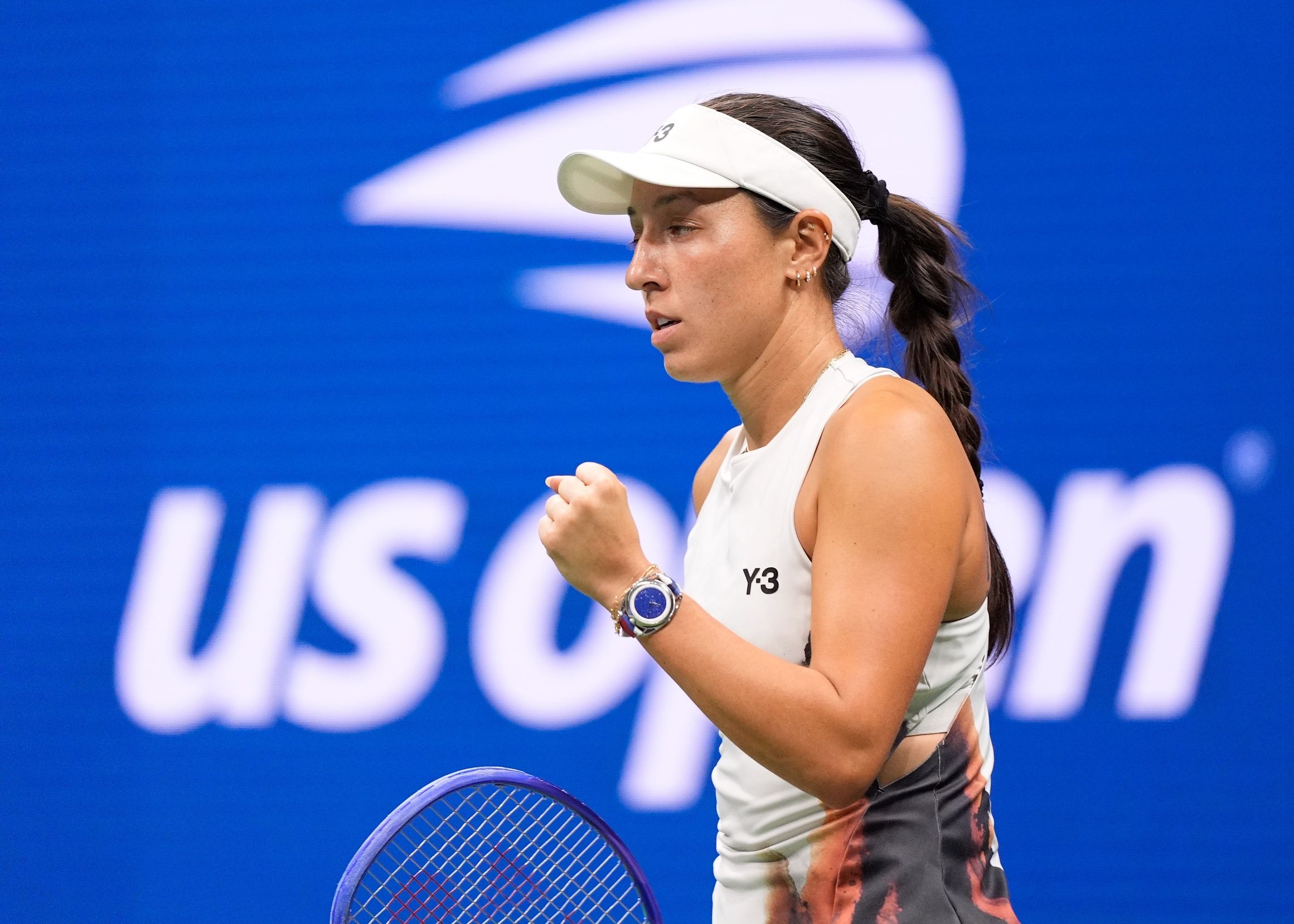 Jessica Pegula (USA) after winning the first set against  Aryna Sabalenka (not pictured) on day twelve of the 2025 U.S. Open tennis tournament at the USTA Billie Jean King National Tennis Center.