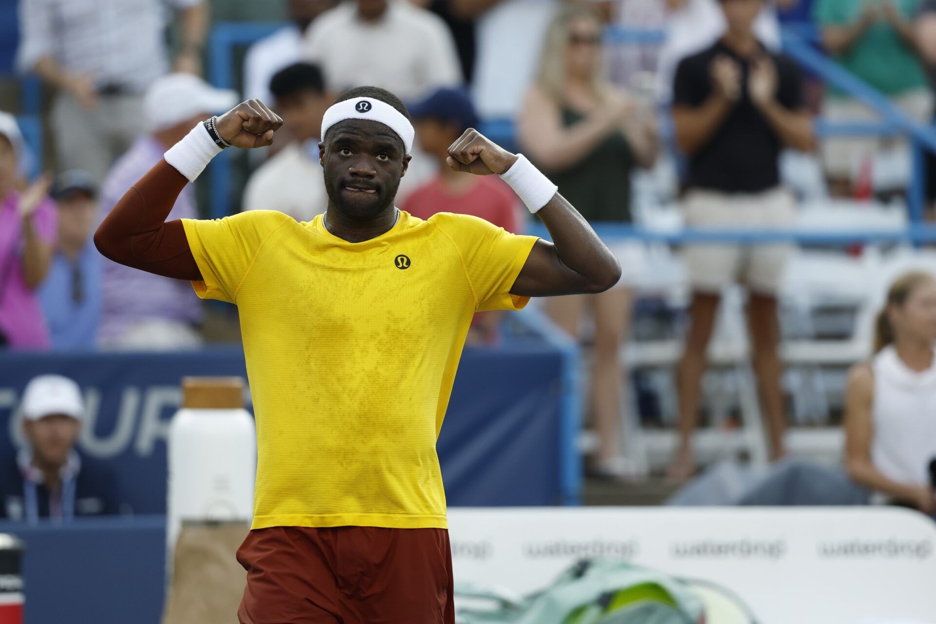 Frances Tiafoe (USA) celebrates after his match against Flavio Cobolli (ITA)(not pictured) in a men's singles match on day four of the Mubadala Citi DC Open at Rock Creek Park Tennis Center.