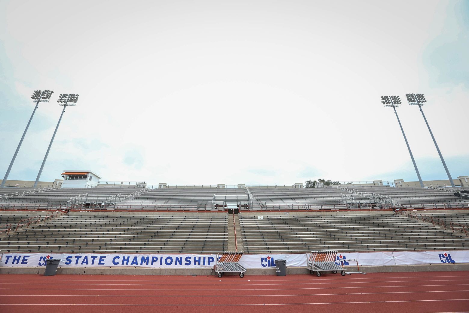 The stands are empty at Mike A. Myers Stadium in Austin after the UIL postponed Class 2A and 5A running events at the State track and field meet on May 2, 2025.