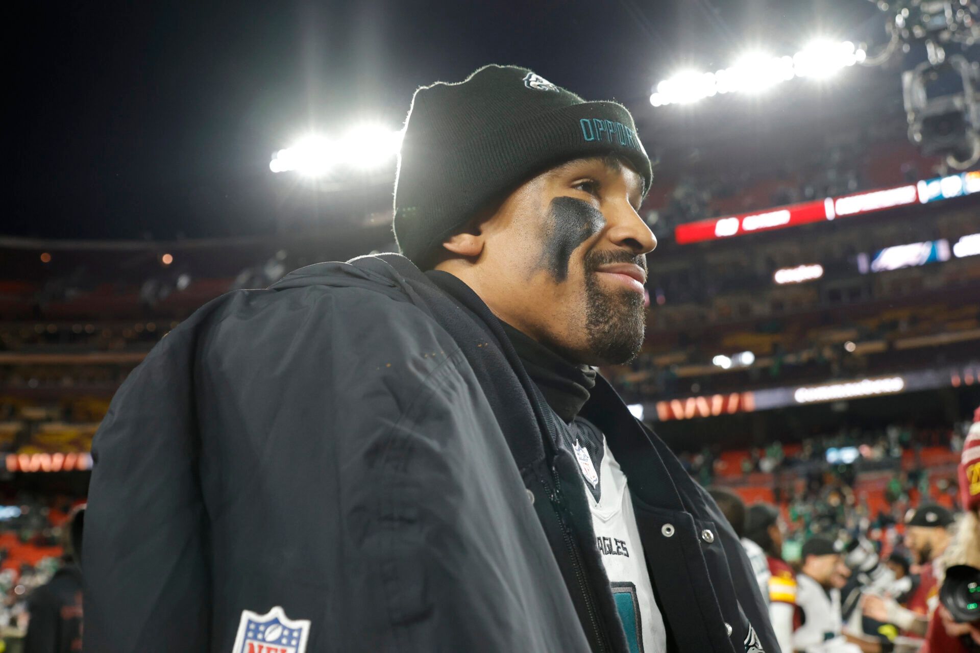 Philadelphia Eagles quarterback Jalen Hurts (1) leaves the field after defeating the Washington Commanders at Northwest Stadium.