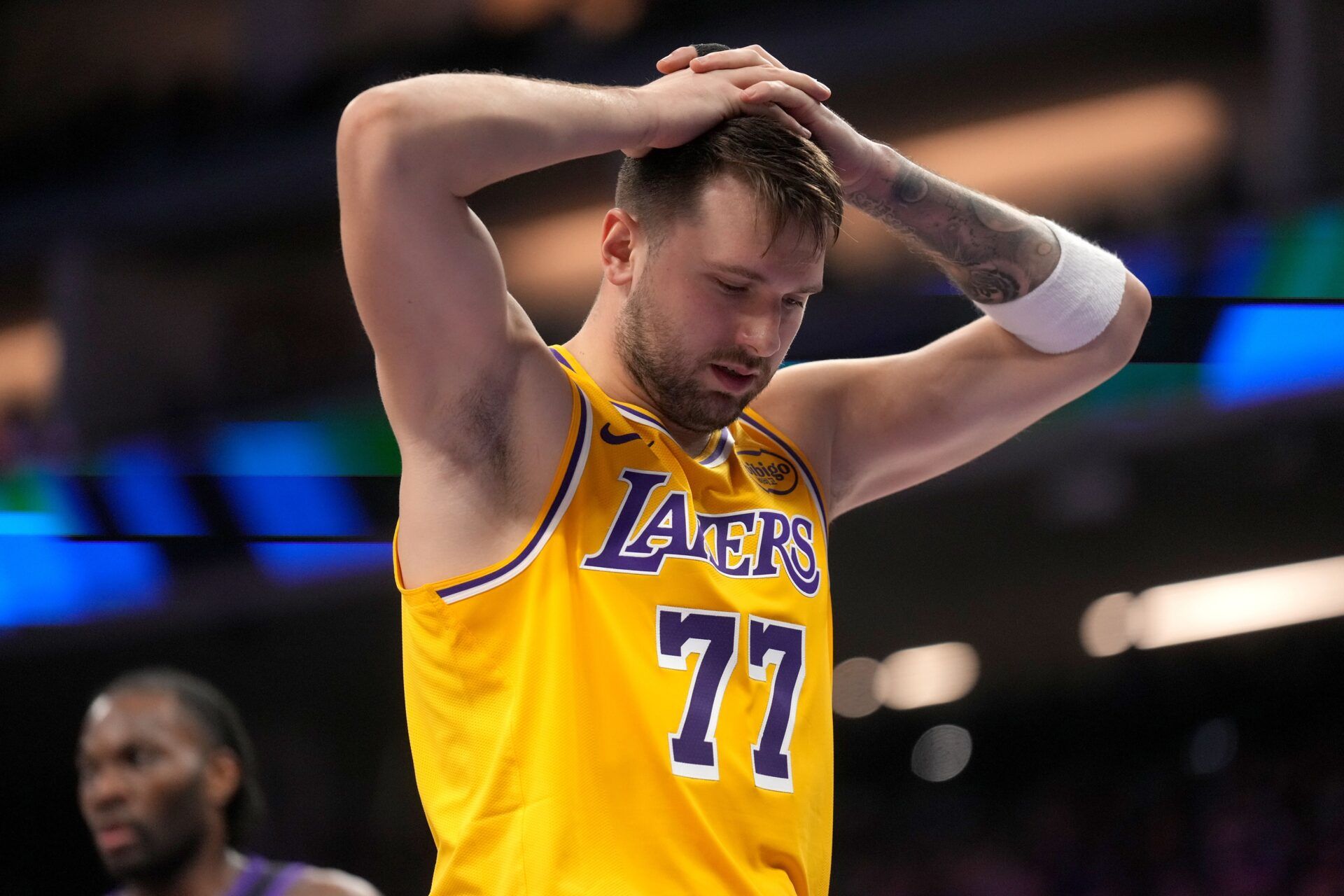 Los Angeles Lakers guard Luka Doncic (77) reacts after being fouled against the Sacramento Kings in the second quarter at the Golden 1 Center.