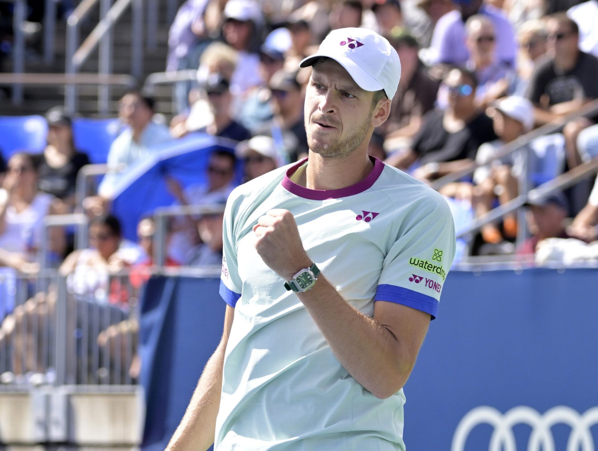 Hubert Hurkacz (POL) reacts after a point against Alexei Popyrin (AUS) (not pictured) in quarterfinal play at IGA Stadium.