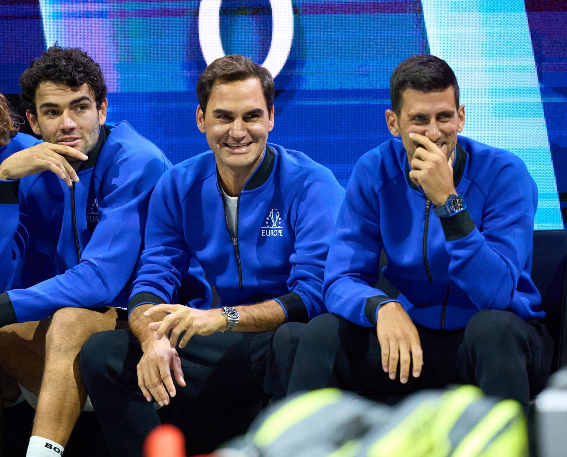 Matteo Berrettini (ITA), Roger Federer (SUI) and Novak Djokovic (SRB) support Team Europe in the first Laver Cup tennis match between Casper Ruud (NOR) and Jack Sock (USA)
