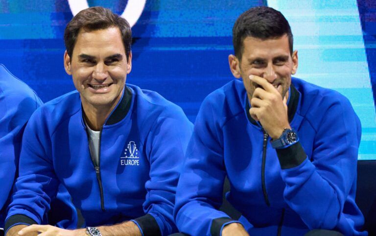 Matteo Berrettini (ITA), Roger Federer (SUI) and Novak Djokovic (SRB) support Team Europe in the first Laver Cup tennis match between Casper Ruud (NOR) and Jack Sock (USA)