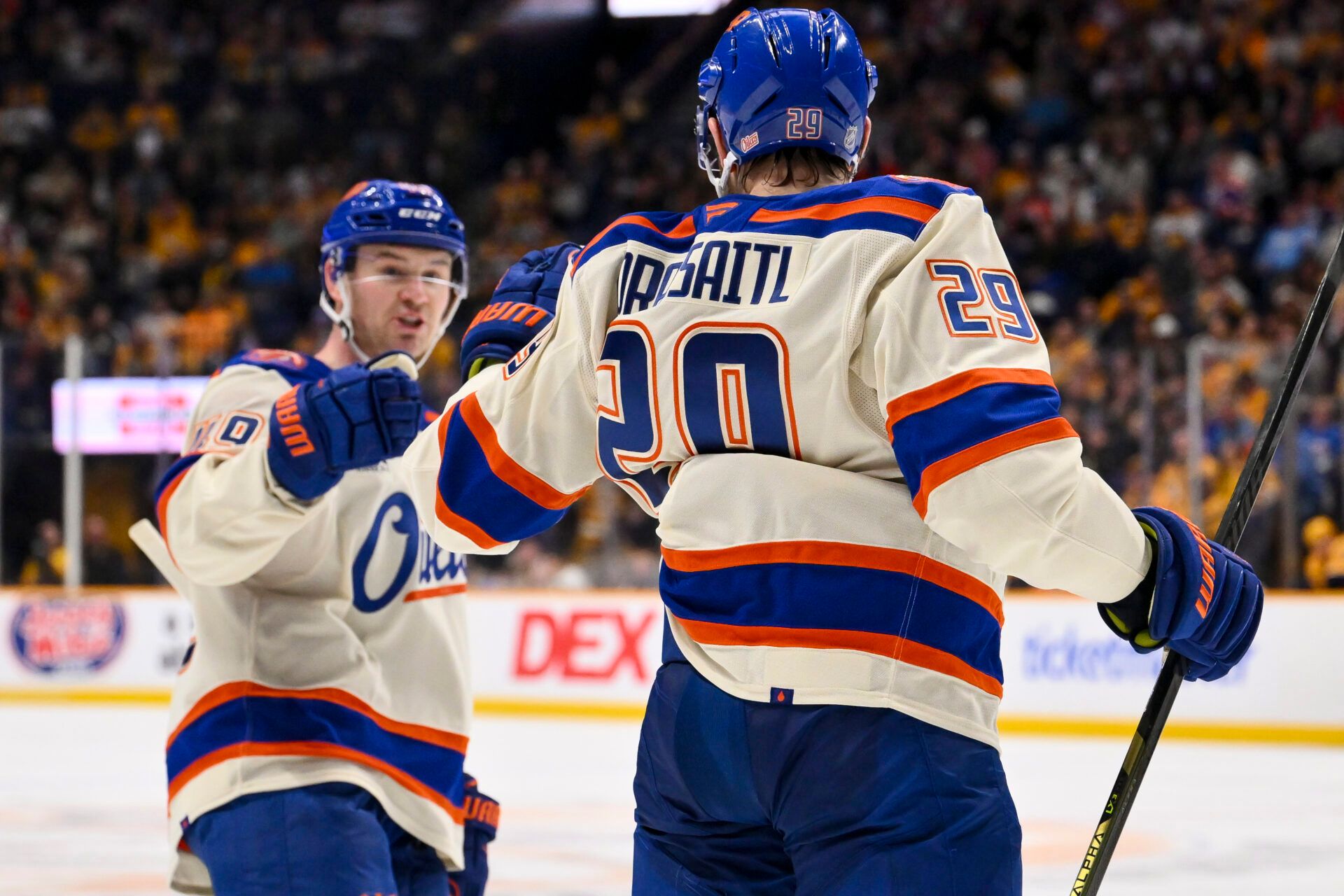 Edmonton Oilers center Leon Draisaitl (29) celebrates his goal at Bridgestone Arena.