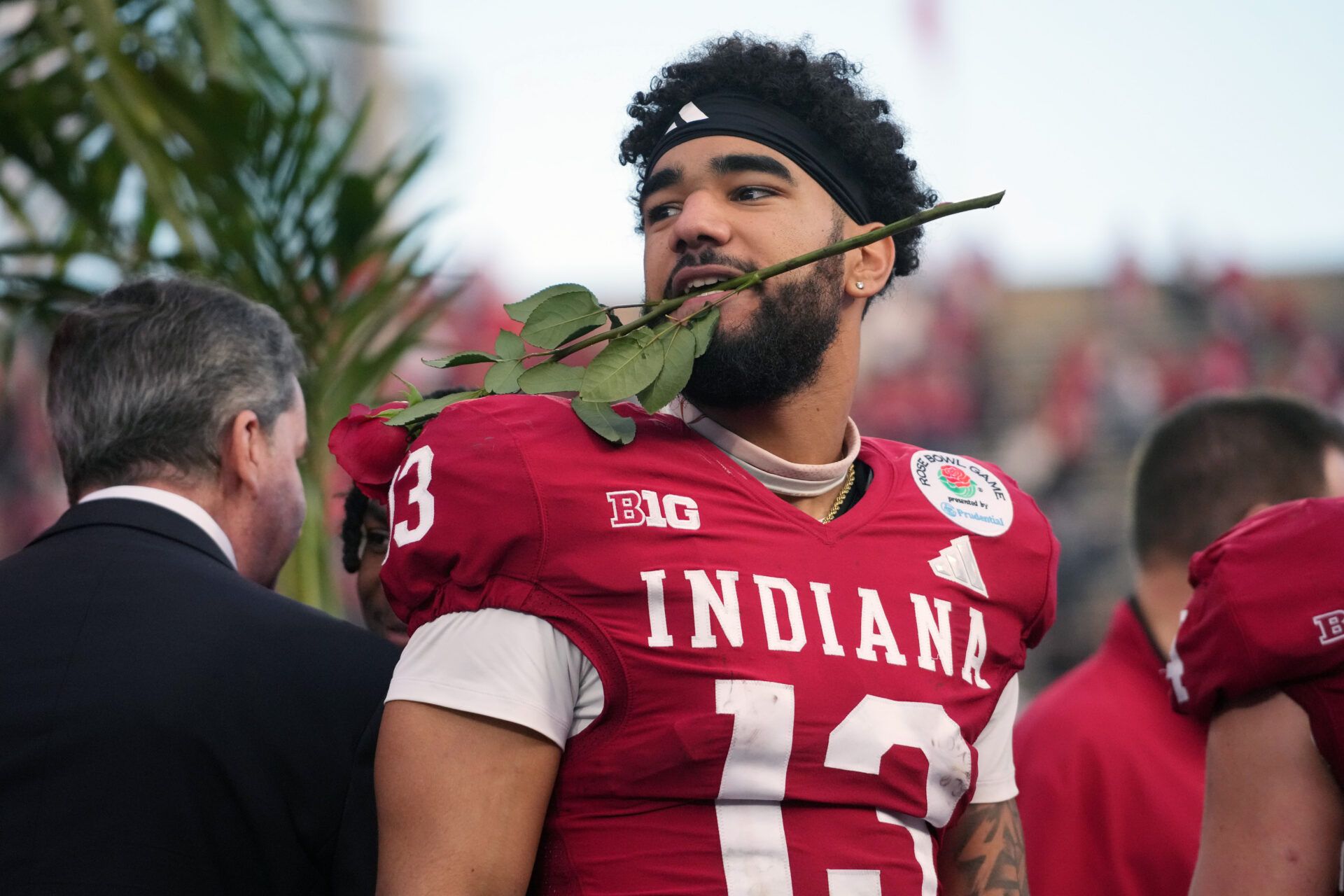Indiana Hoosiers wide receiver Elijah Sarratt (13) celebrates after defeating the Alabama Crimson Tide in the 2026 Rose Bowl and quarterfinal game of the College Football Playoff at Rose Bowl Stadium.