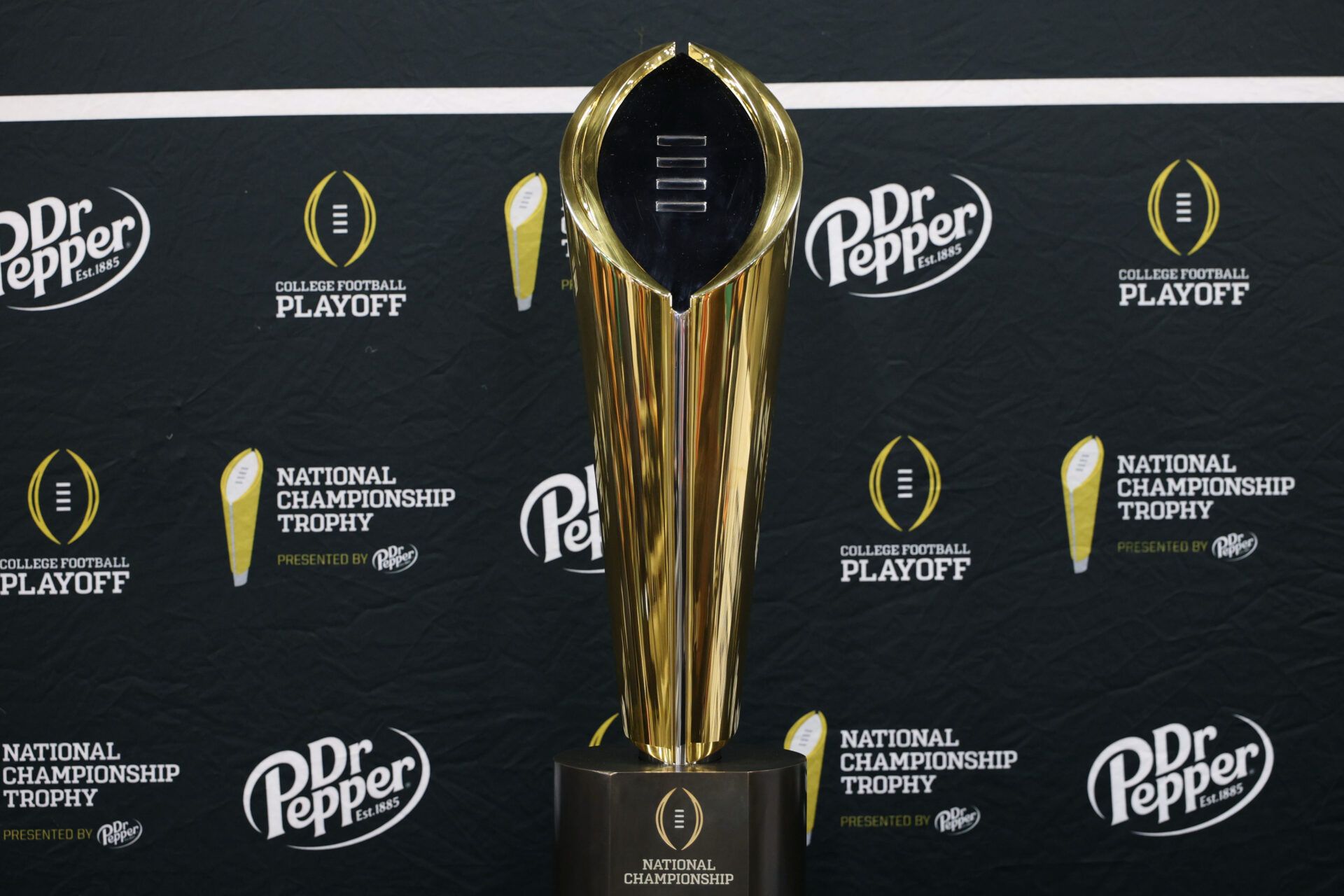 A general view of the trophy before media day for the 2025 College Football Playoff National Championship at Miami Beach Convention Center.