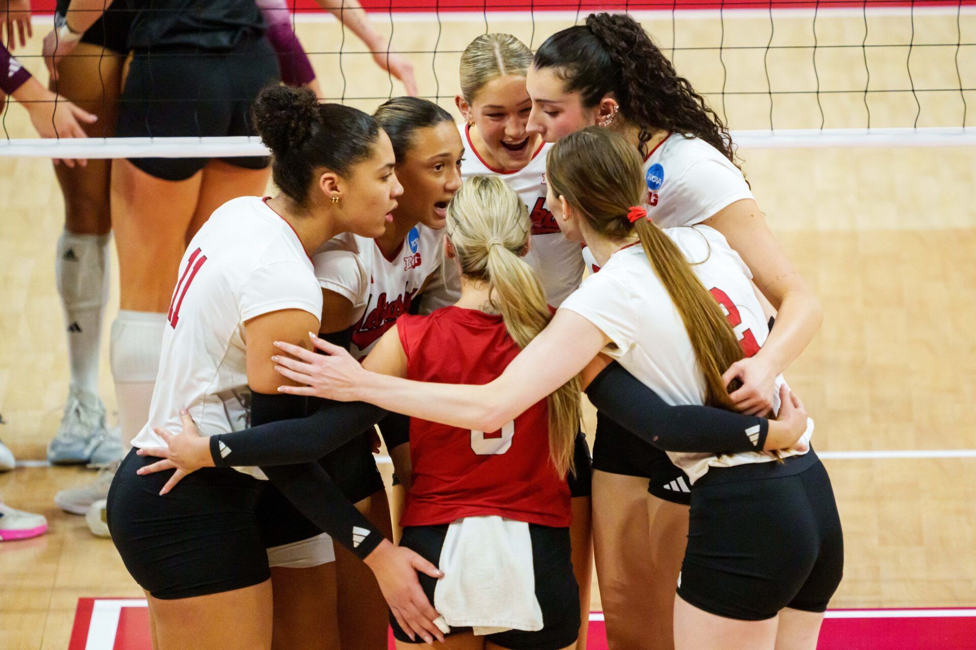 The Nebraska Cornhuskers react after a point against the Texas A&M Aggies during the second set at Bob Devaney Sports Center.