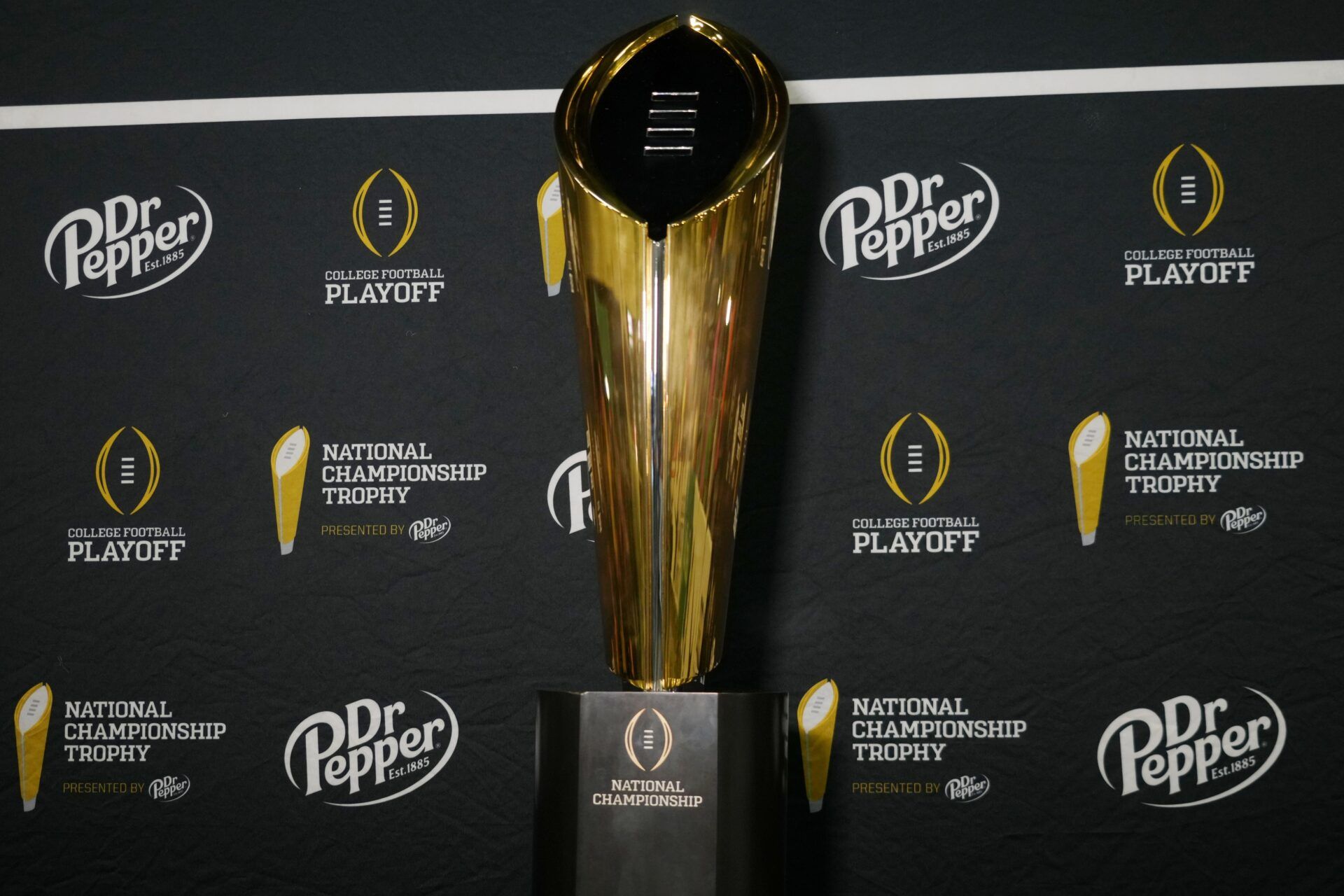 A general view of the trophy during media day for the 2025 College Football Playoff National Championship at Miami Beach Convention Center.