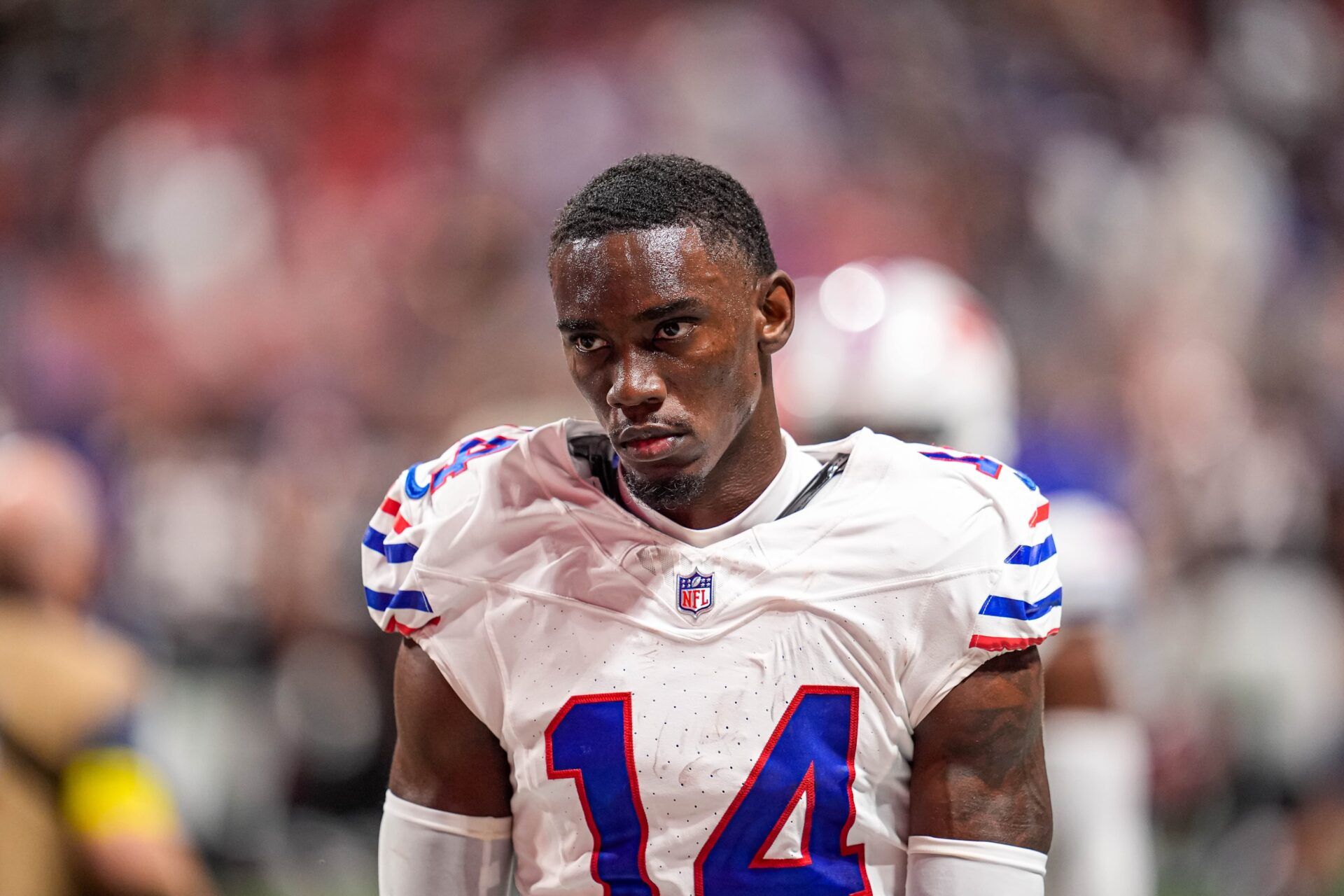 Buffalo Bills wide receiver Tyrell Shavers (14) on the field against the Atlanta Falcons at Mercedes-Benz Stadium.