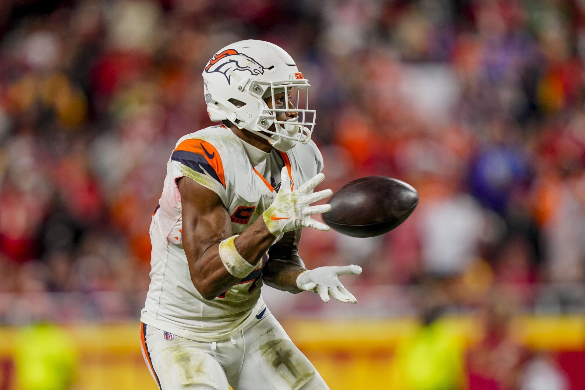 Denver Broncos wide receiver Courtland Sutton (14) catches a pass during the third quarter at GEHA Field at Arrowhead Stadium.
