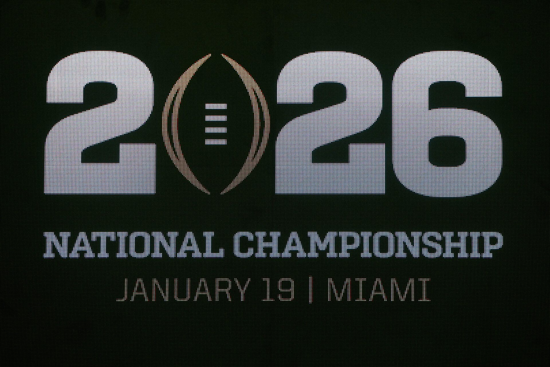 A general view of signage for media day for the 2025 College Football Playoff National Championship at Miami Beach Convention Center.