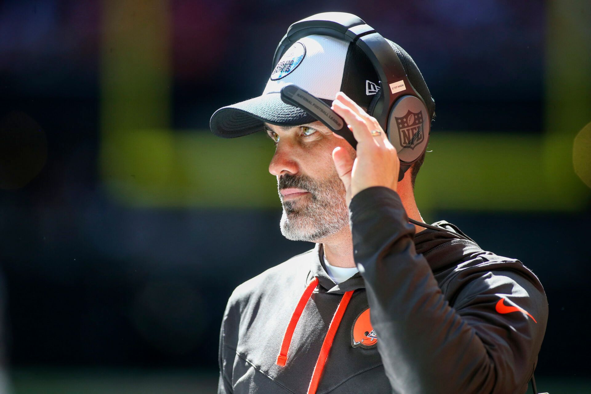Cleveland Browns head coach Kevin Stefanski on the sideline against the Atlanta Falcons in the second half at Mercedes-Benz Stadium.