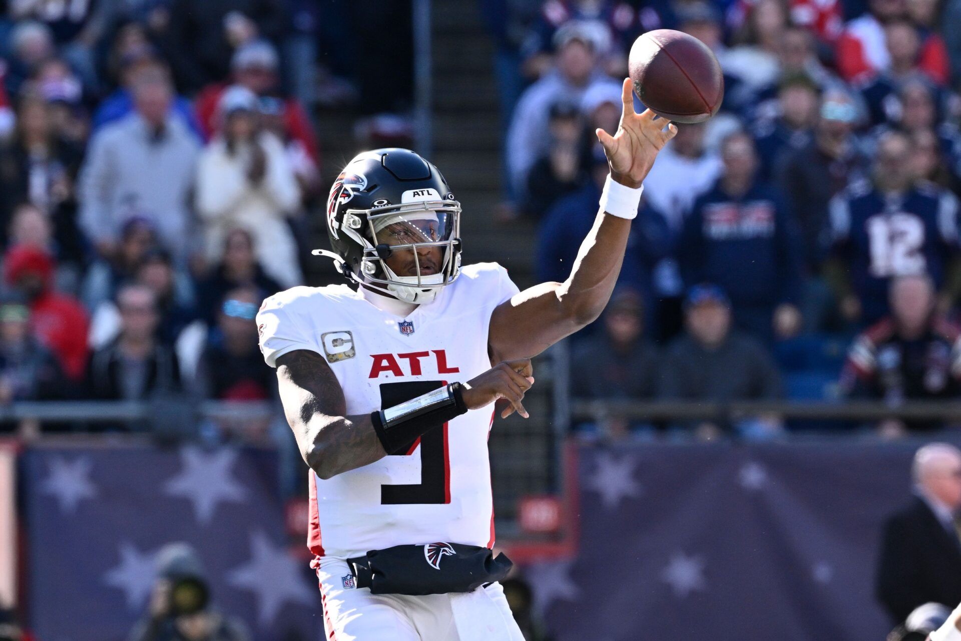 Atlanta Falcons quarterback Michael Penix Jr. (9) throws a pass against the New England Patriots during the first half at Gillette Stadium.
