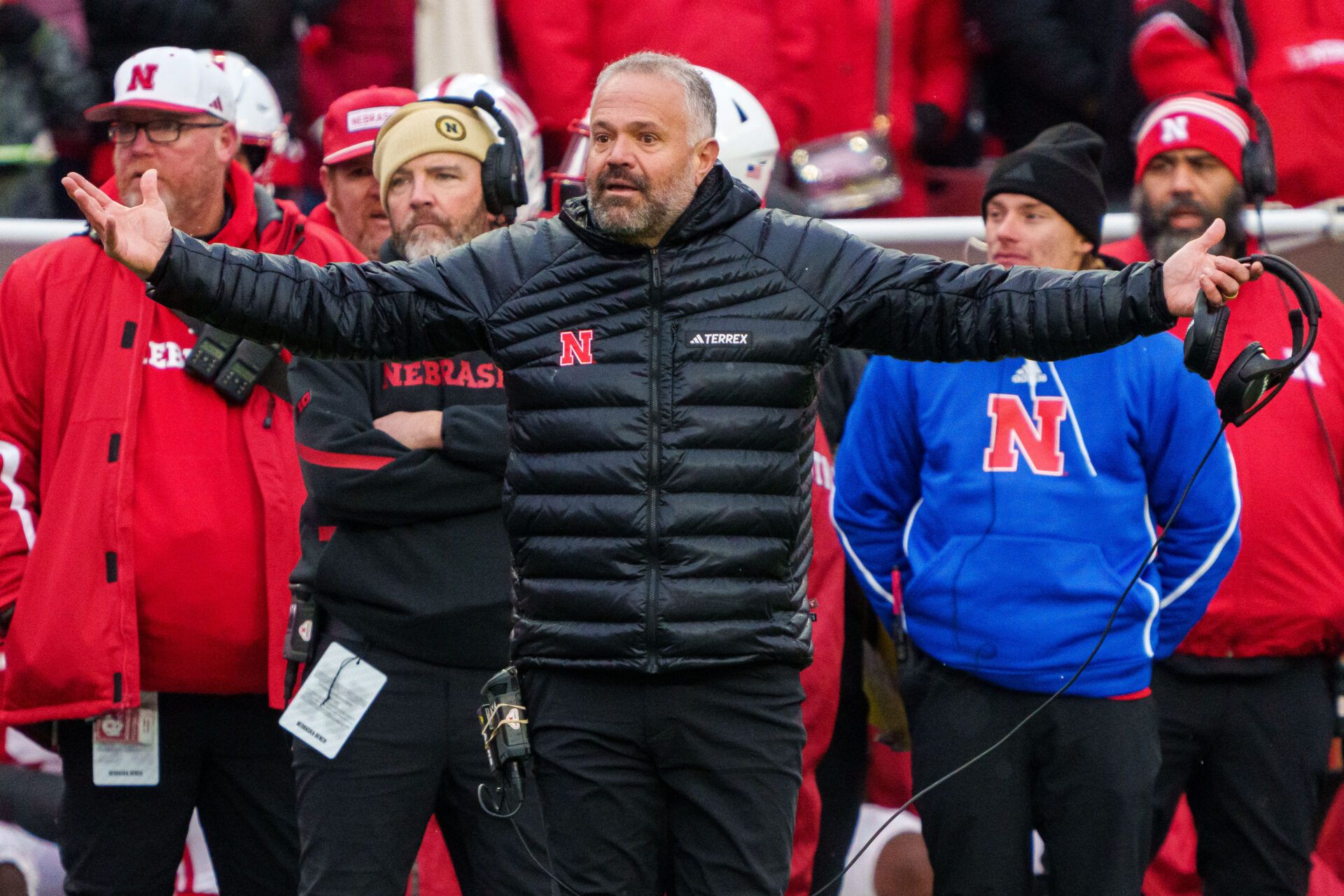 Nebraska Cornhuskers head coach Matt Rhule reacts to a non-call on a play during the third quarter against the Iowa Hawkeyes at Memorial Stadium.