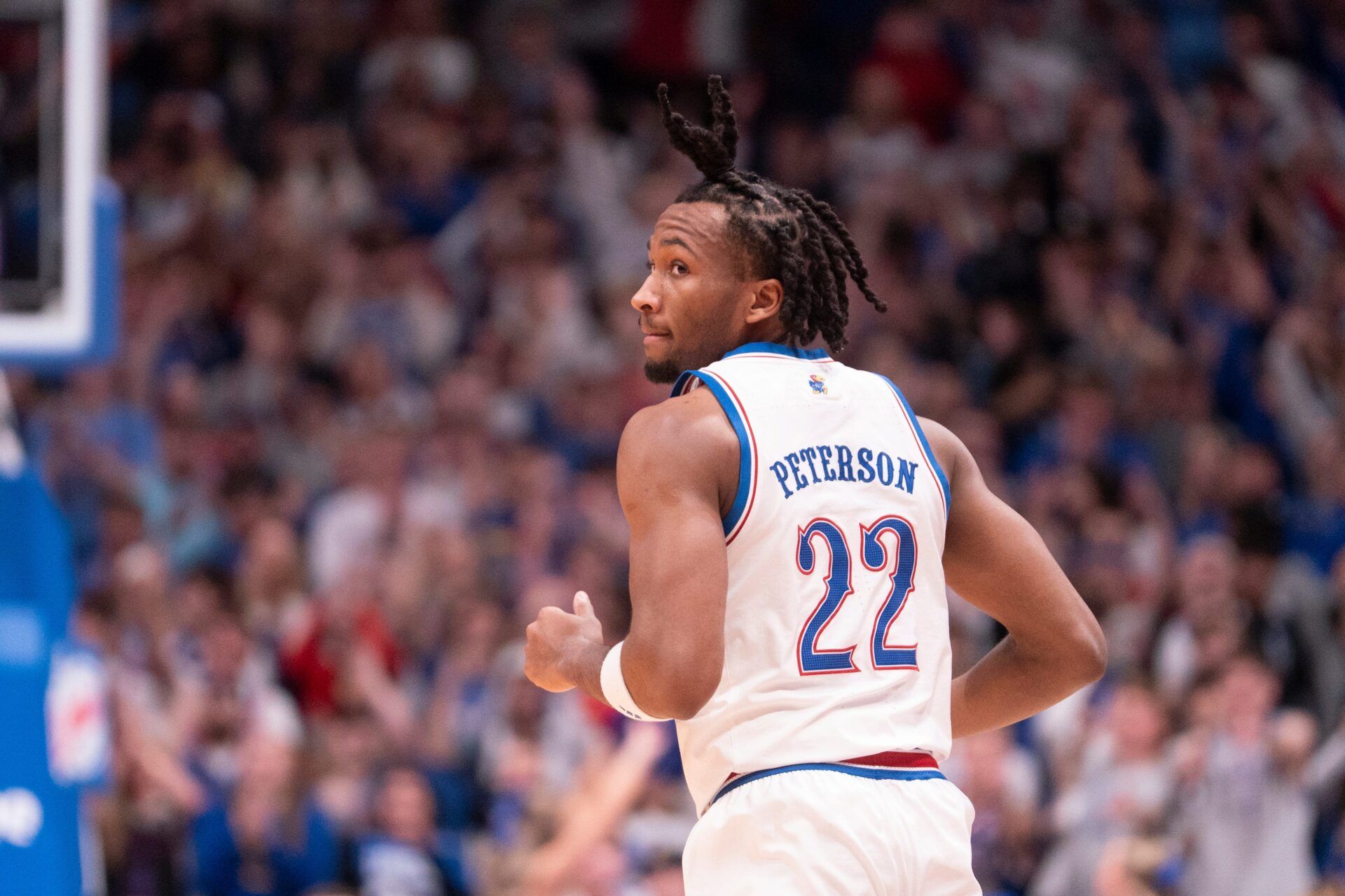 Kansas Jayhawks guard Darryn Peterson (22) looks back after scoring against Baylor Bears during the game inside Allen Fieldhouse on Jan. 16, 2026.
