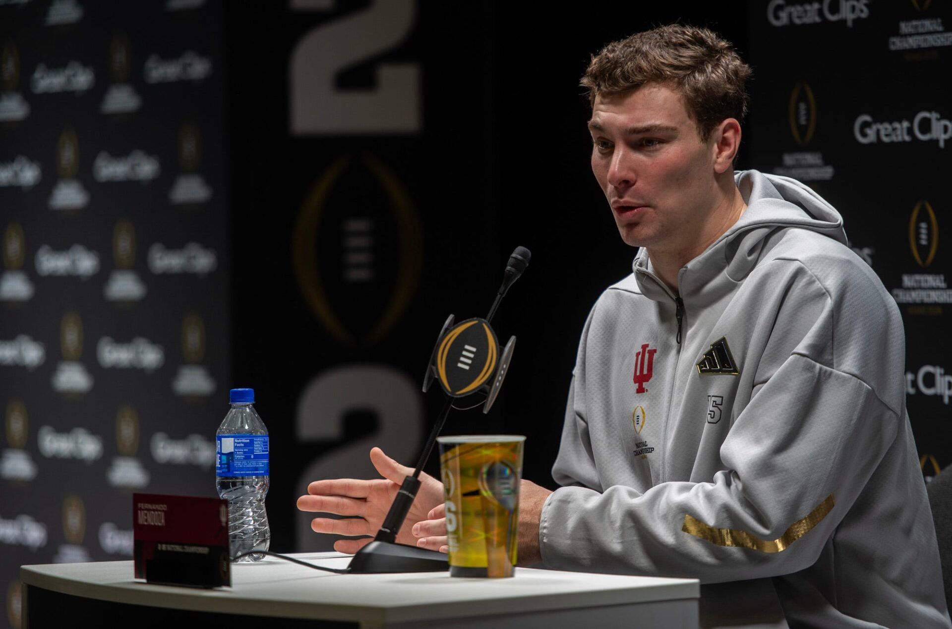 Indiana's Fernando Mendoza answers questions at Media Day during the College Football Playoff on Saturday, Jan. 17, 2026.