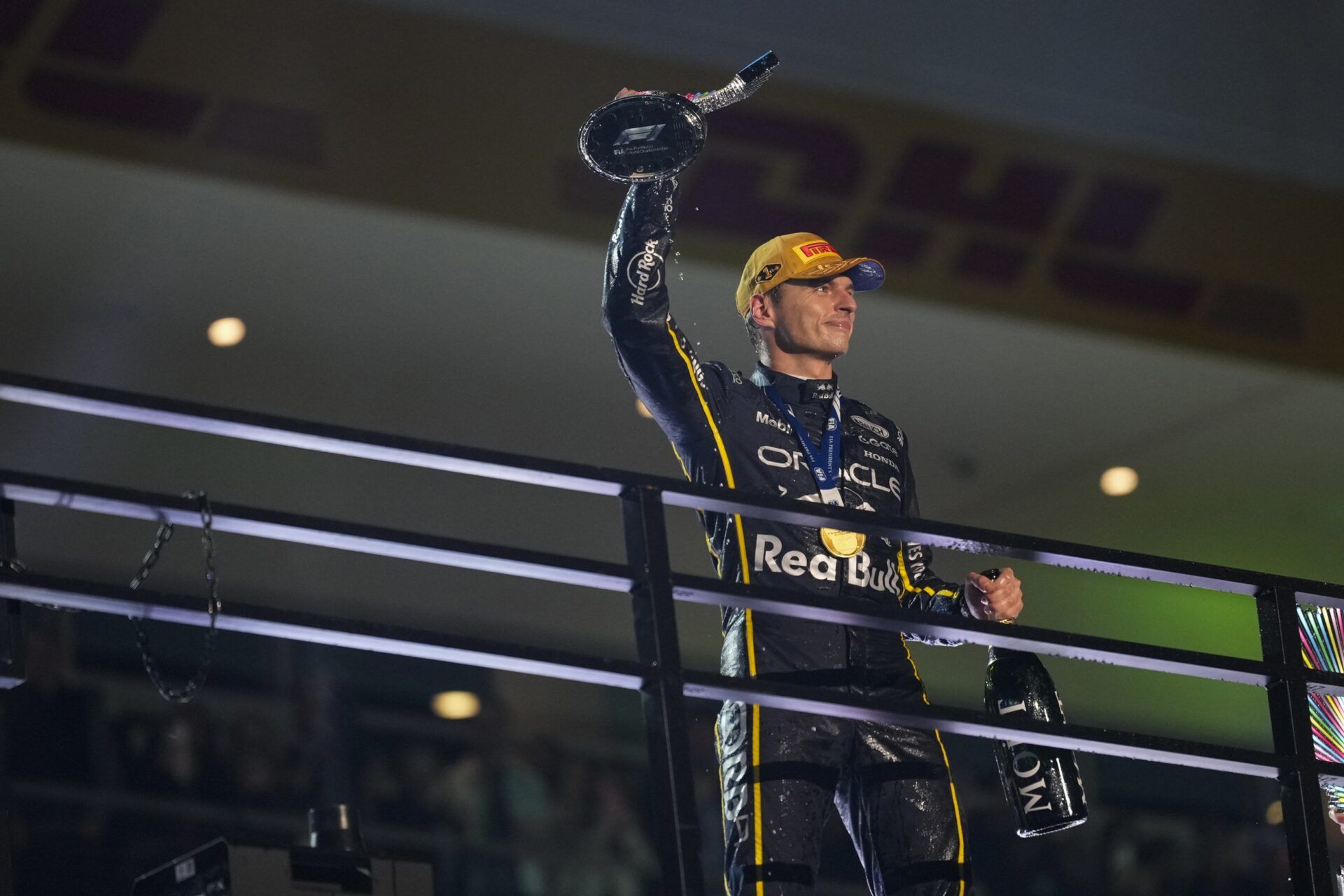 Red Bull Racing driver Max Verstappen (1) celebrates after winning the Las Vegas Grand Prix at the Las Vegas Strip Circuit.