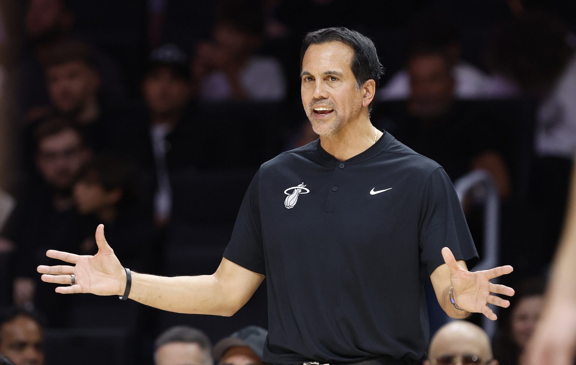 Miami Heat head coach Erik Spoelstra reacts against the Boston Celtics during the second half at Kaseya Center.