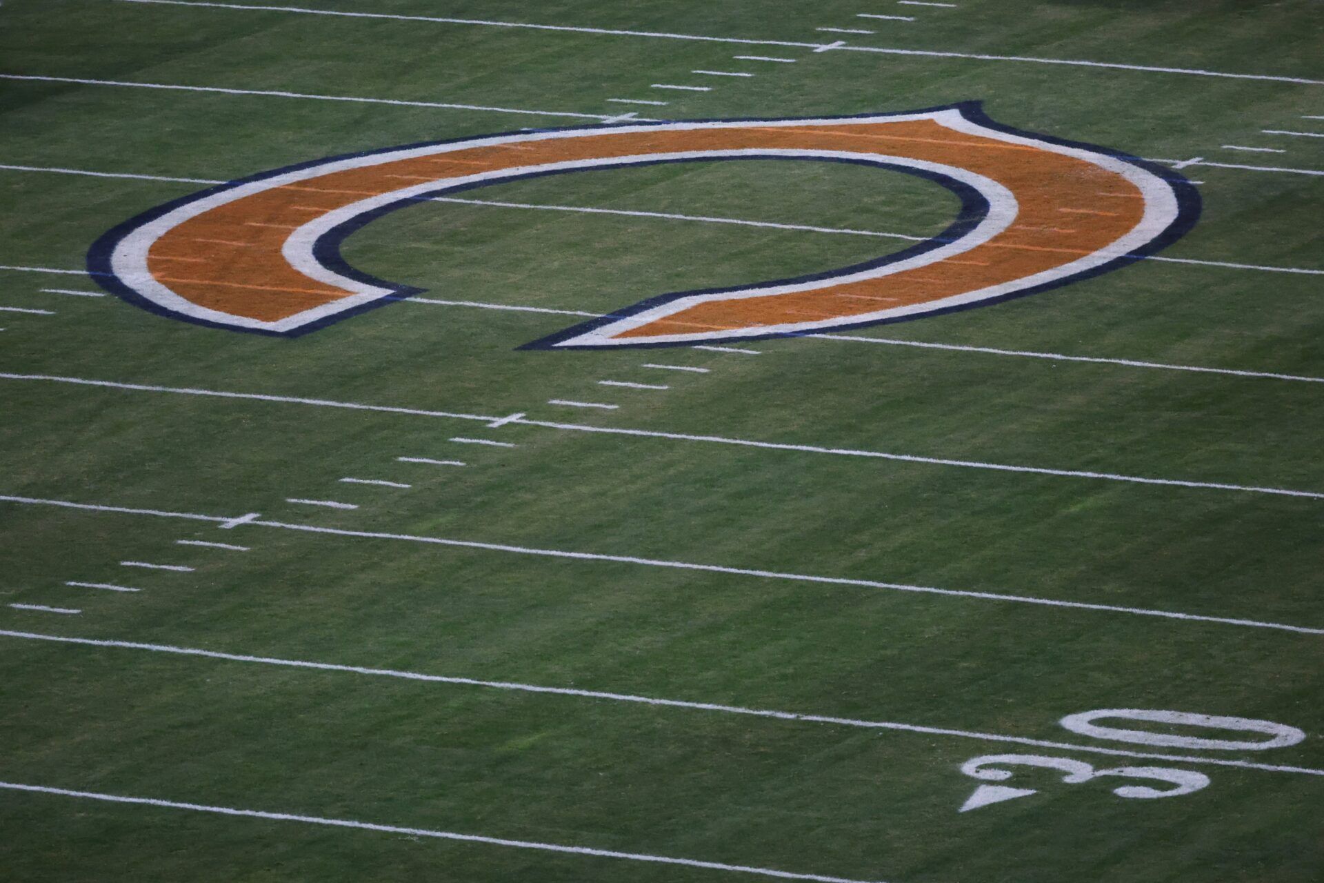 The Chicago Bears logo is seen at midfield prior to a game between the Chicago Bears and Seattle Seahawks at Soldier Field.