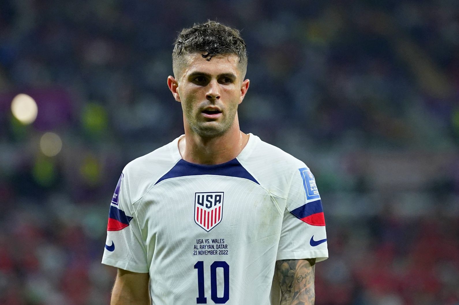 United States of America forward Christian Pulisic (10) looks on against Wales during the second half during a group stage match during the 2022 FIFA World Cup at Ahmed Bin Ali Stadium.