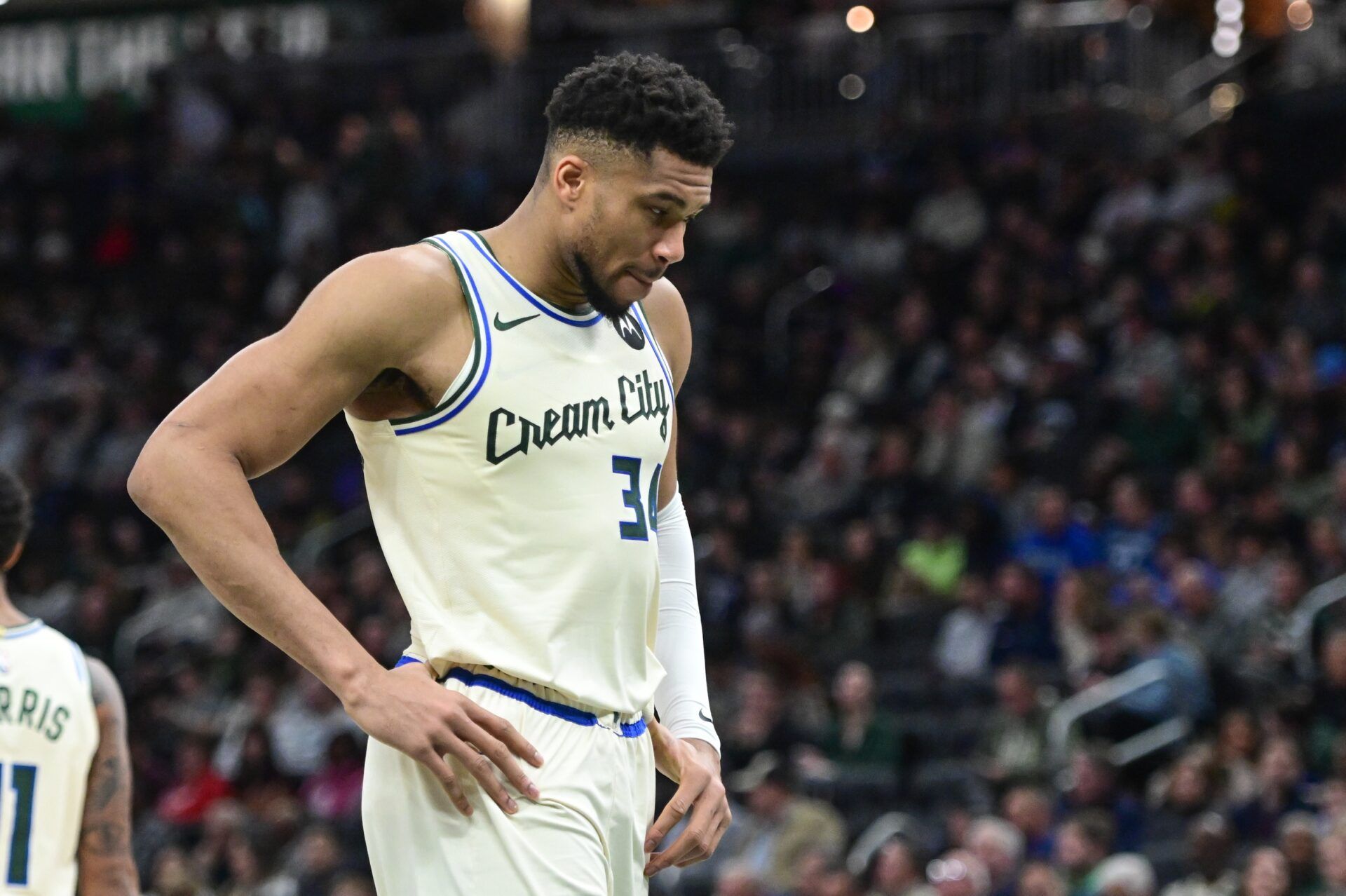 Milwaukee Bucks forward Giannis Antetokounmpo (34) reacts in the second quarter against the Minnesota Timberwolves at Fiserv Forum.
