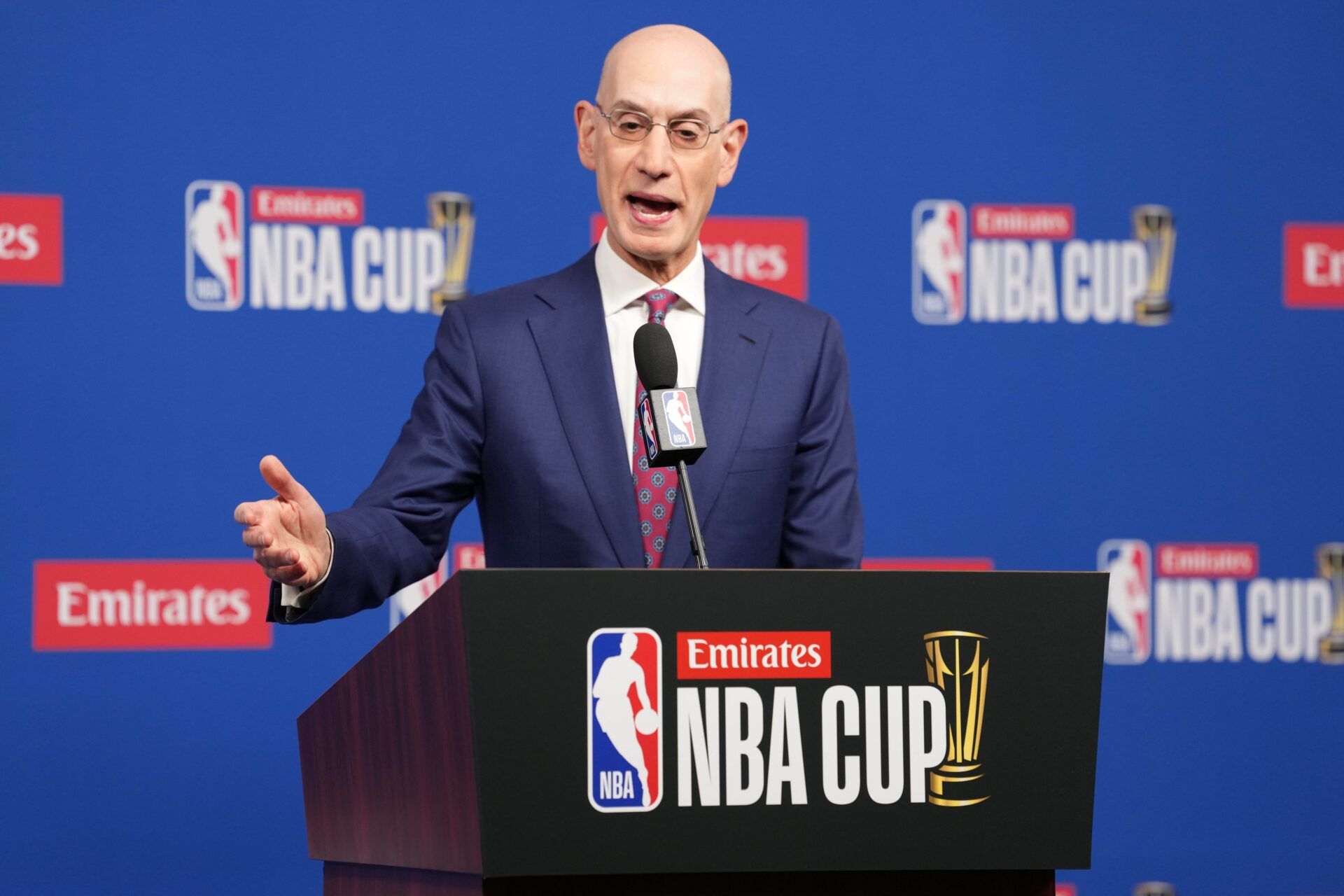 NBA commissioner Adam Silver speaks during press conference at the Emirates NBA Cup Final at T-Mobile Arena.
