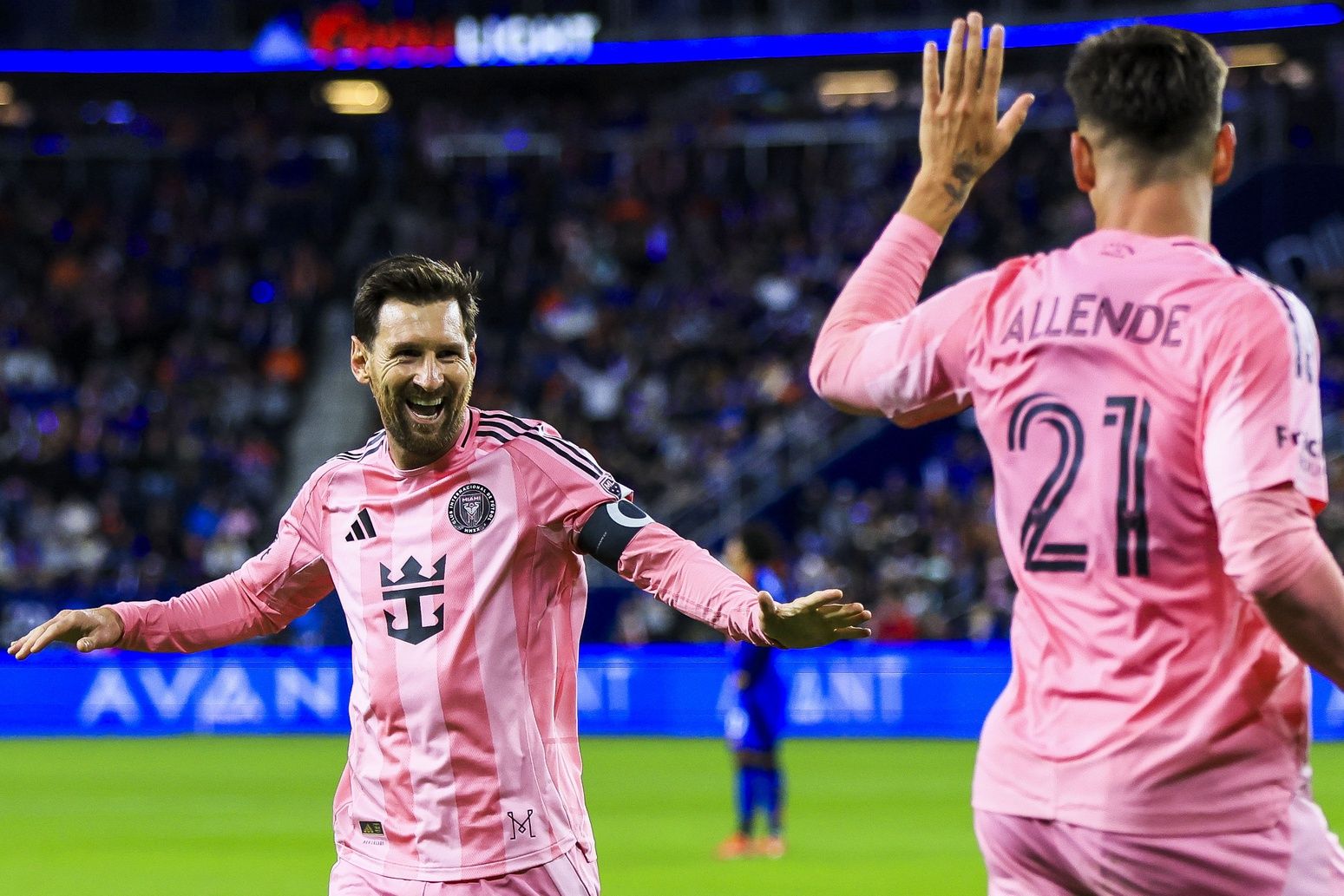 Inter Miami CF forward Lionel Messi (10) reacts after forward Tadeo Allende (21) scores a goal against FC Cincinnati in the second half at TQL Stadium.