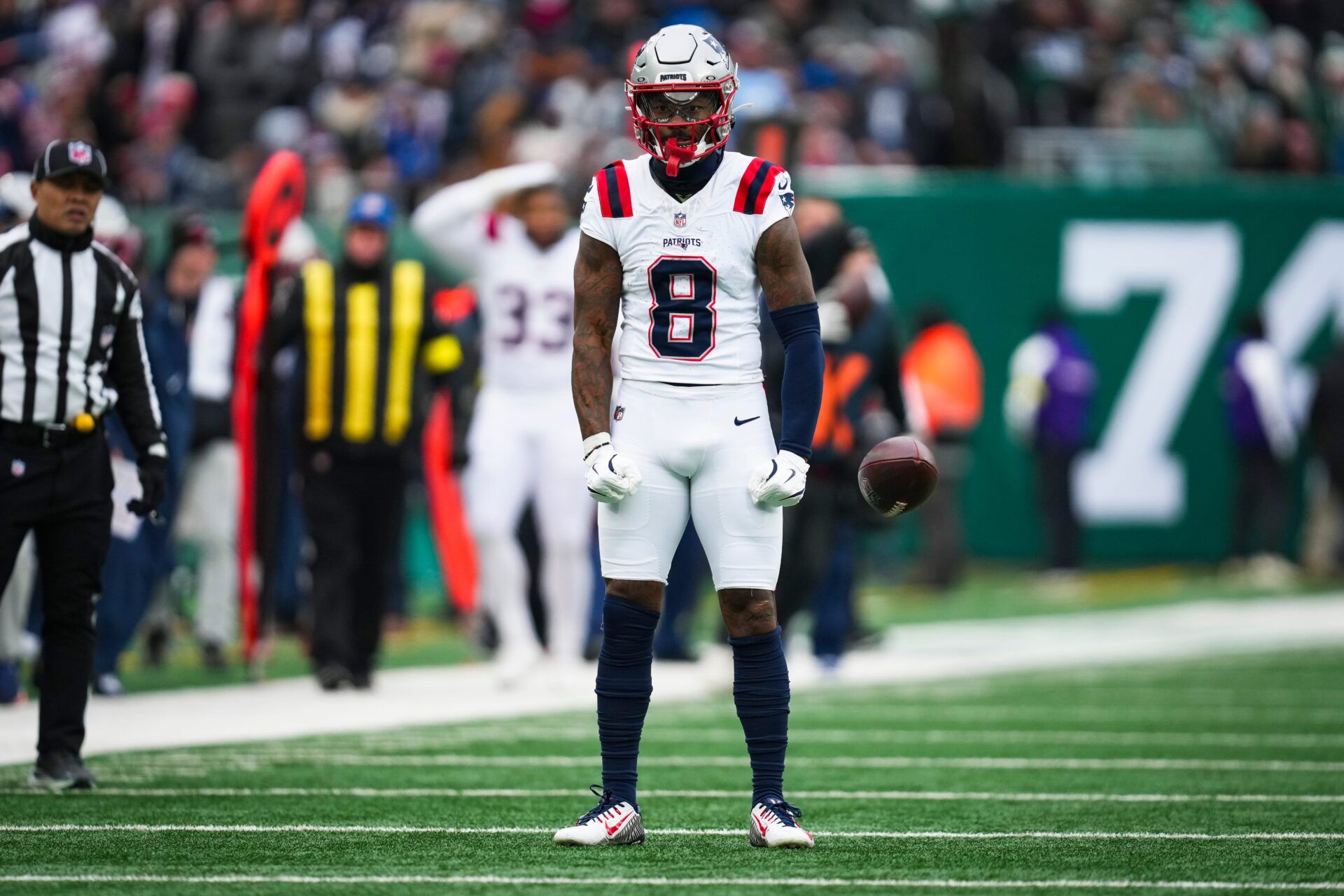 New England Patriots wide receiver Stefon Diggs (8) celebrates after a play during a game against the New York Jets at MetLife Stadium, Dec 28, 2025, East Rutherford, NJ, USA.