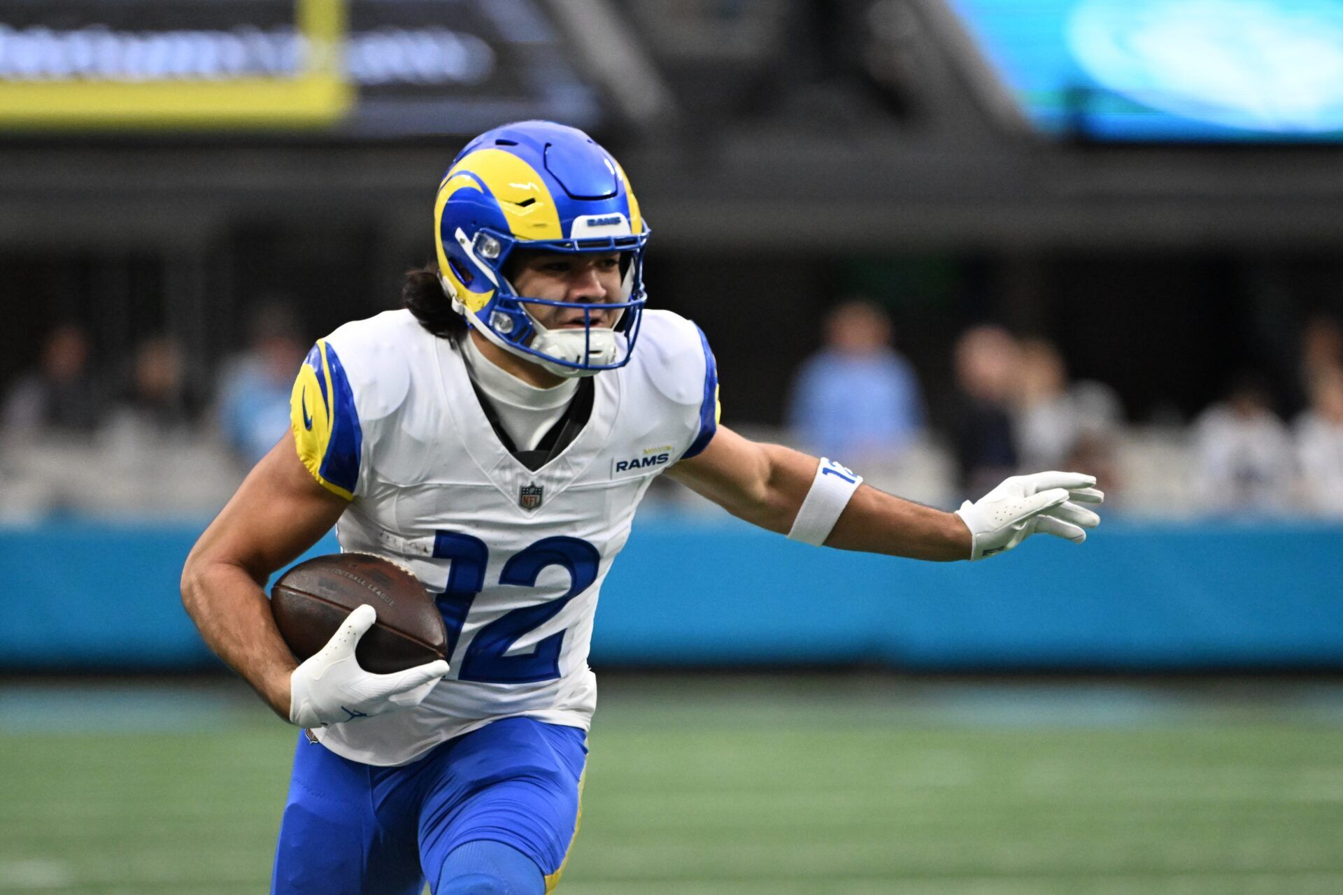 Los Angeles Rams wide receiver Puka Nacua (12) on the field in the first quarter in an NFC Wild Card Round game at Bank of America Stadium.