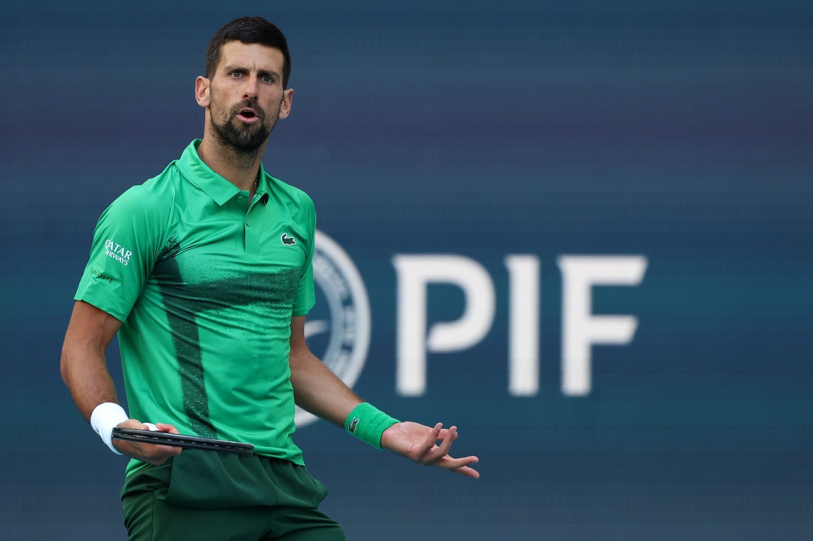 Novak Djokovic (SRB) reacts after losing a point against Rinky Hijikata (AUS)(not pictured) on day four of the Miami Open at Hard Rock Stadium.
