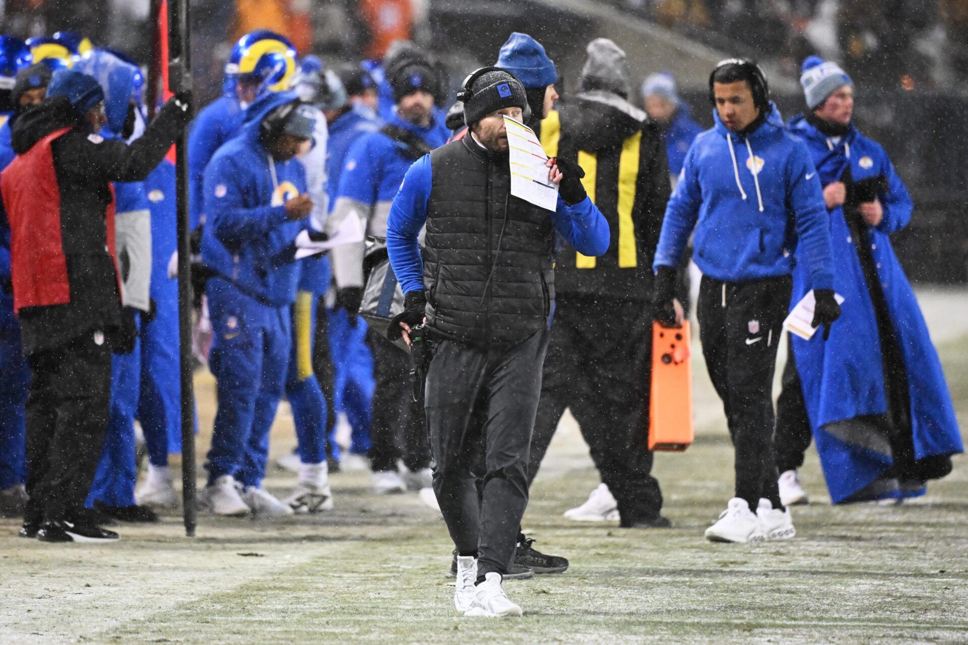 Los Angeles Rams head coach Sean McVay watches game play against the Chicago Bears during the second quarter of an NFC Divisional Round game at Soldier Field.