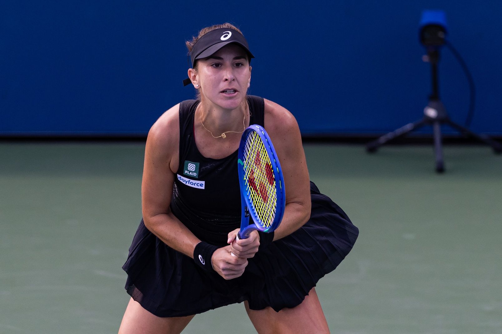 Belinda Bencic of Switzerland in action against Zhang Shuai of China in the first round of the womenÕs singles at the US Open at Billie Jean King National Tennis Centre.
