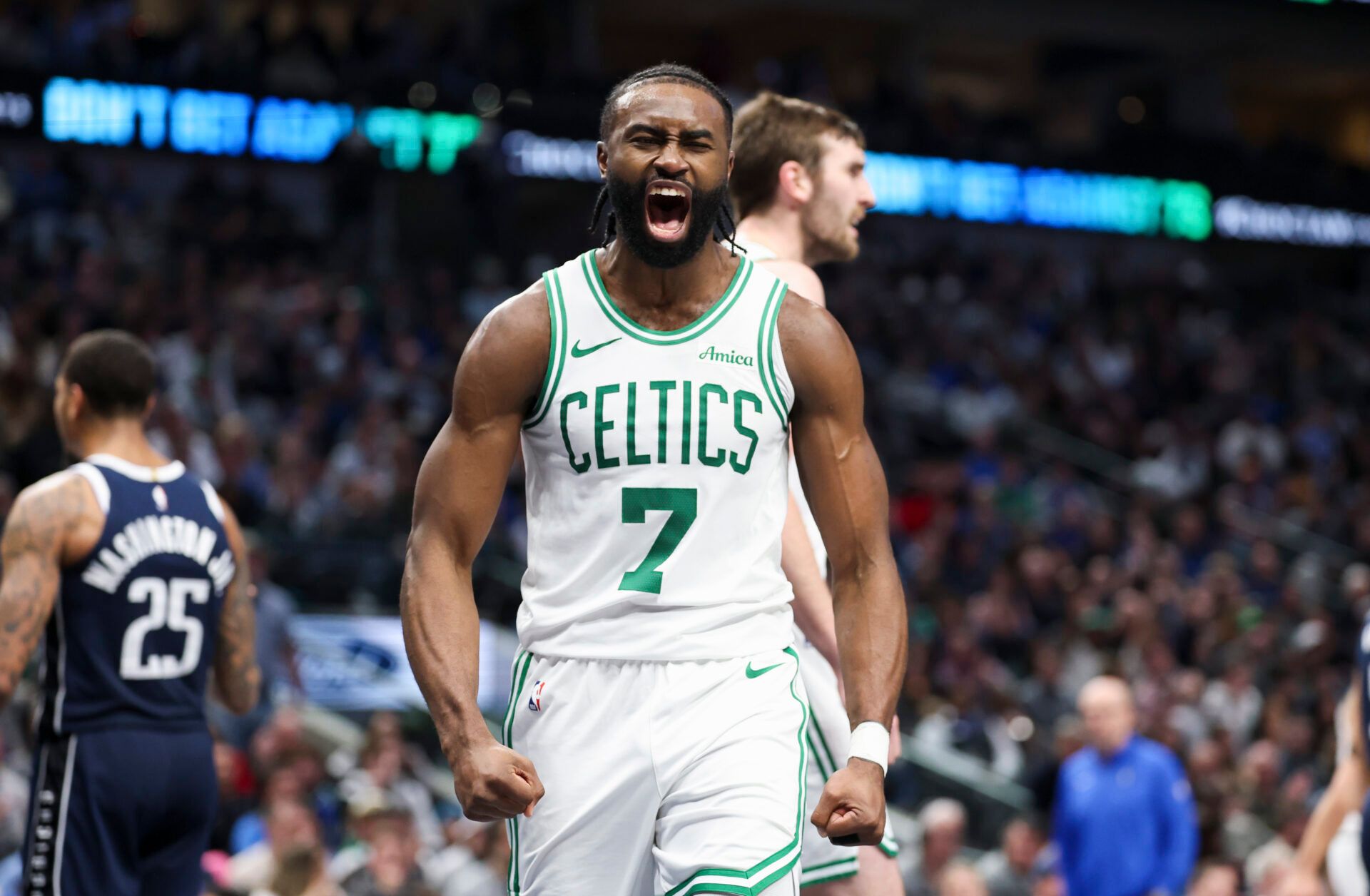 Boston Celtics guard Jaylen Brown (7) celebrates during the second half against the Dallas Mavericks at American Airlines Center.